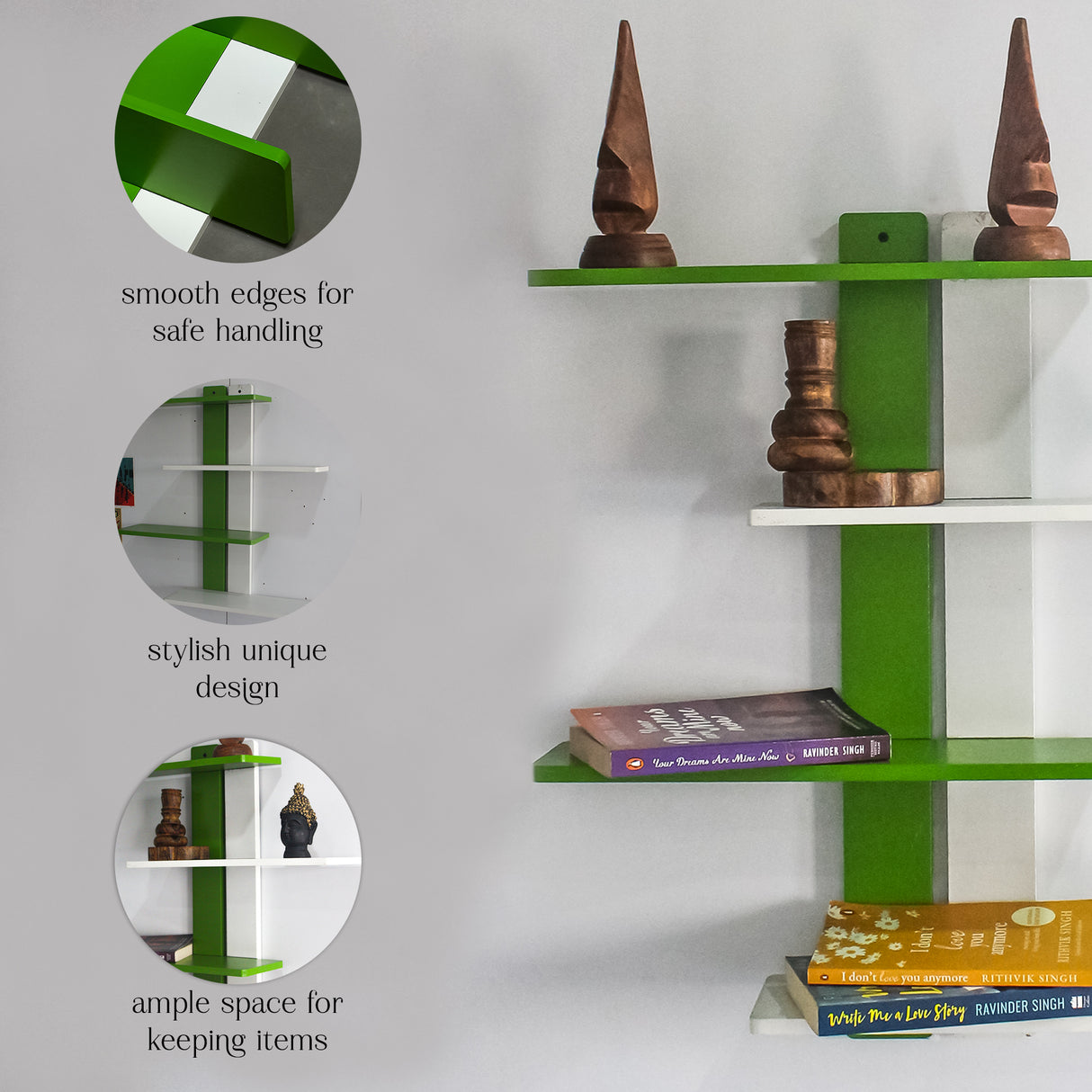 Green Modern Wooden Floating Wall Shelf – Space-Saving, DIY Storage & Display Shelf
