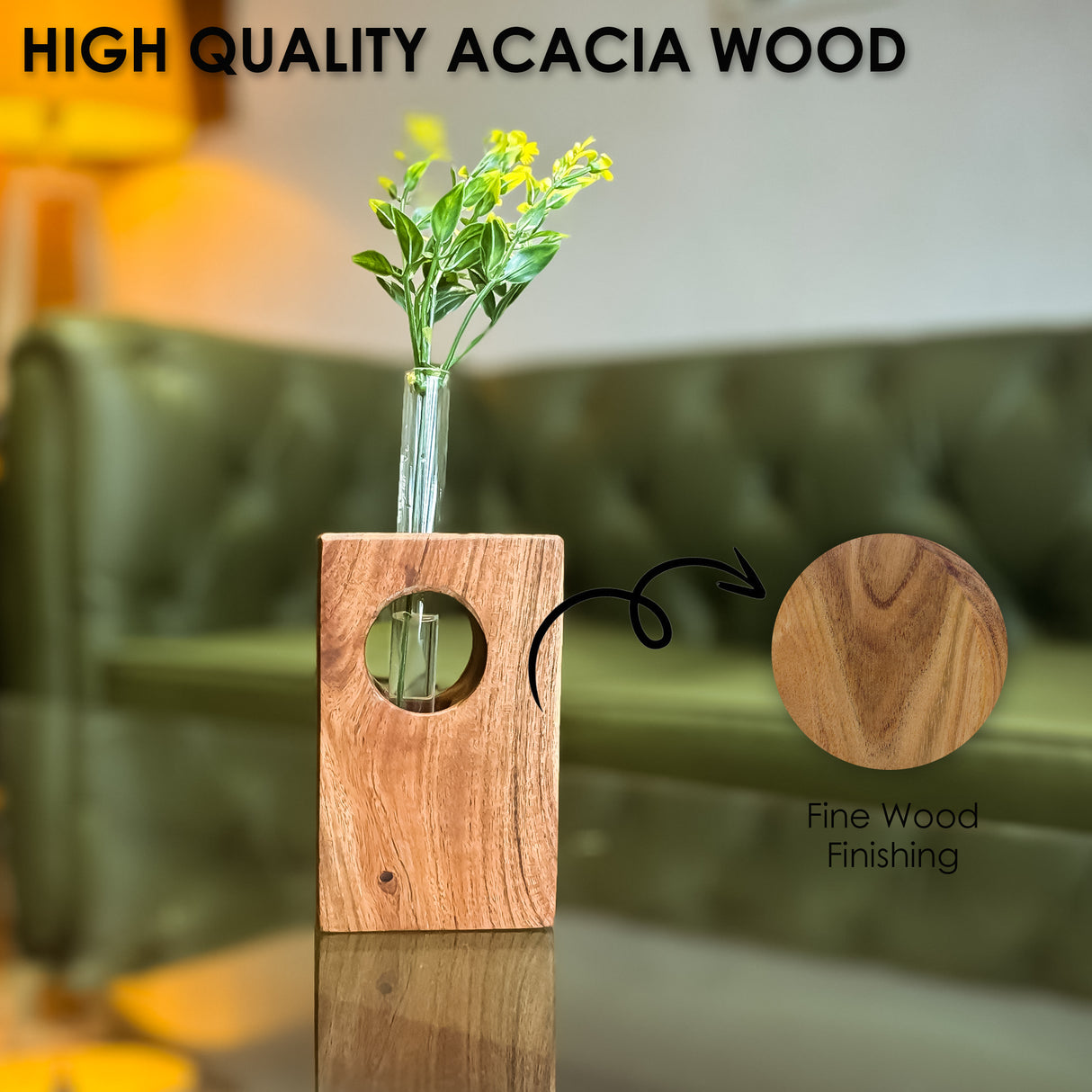 Wooden Vase with Glass Tube Planter for Indoor Plants and Home Decor