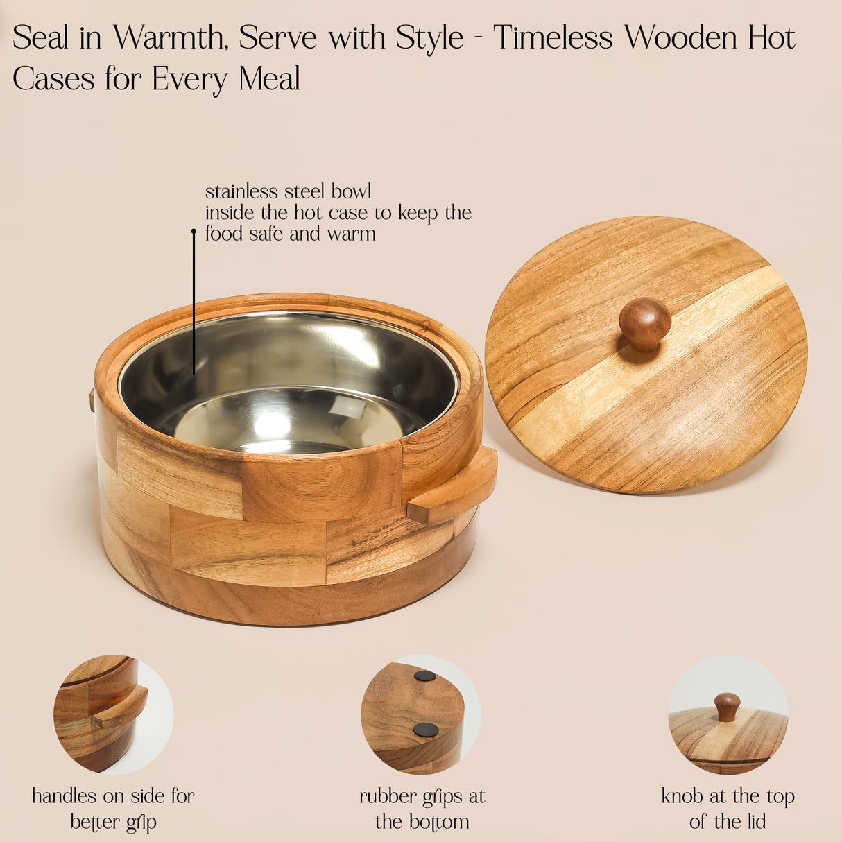 Handcrafted Wooden Casserole with Lid – 8.5 Inch Round Acacia Wood Serving Dish with Handles