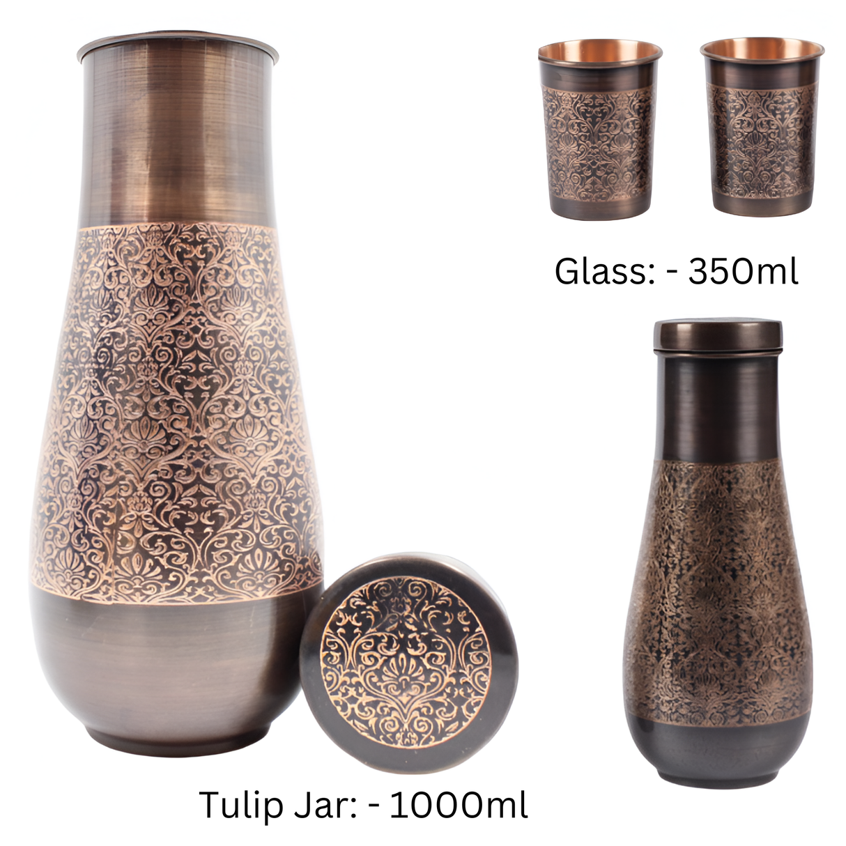 Antique Royal Copper Tulip Jar Set with 2 Embossed Glasses - Ayurvedic Gift Set
