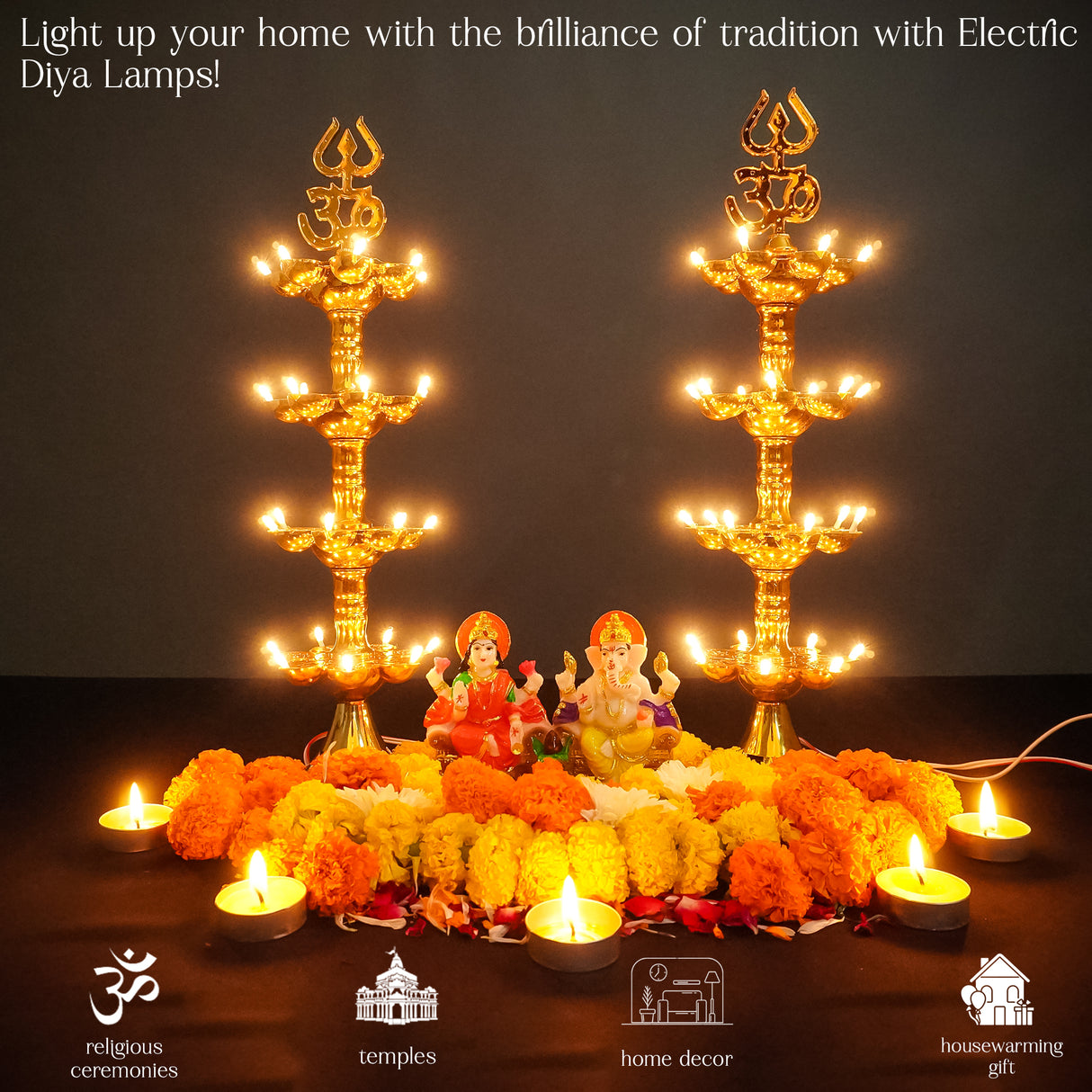 Get FREE Wall Hanging | Electric Diya Lamp for Mandir Décor | OM & Trishul Design | Multi-Level Deepam Vilakku for Diwali, Pooja, Temple, and Home Décor
