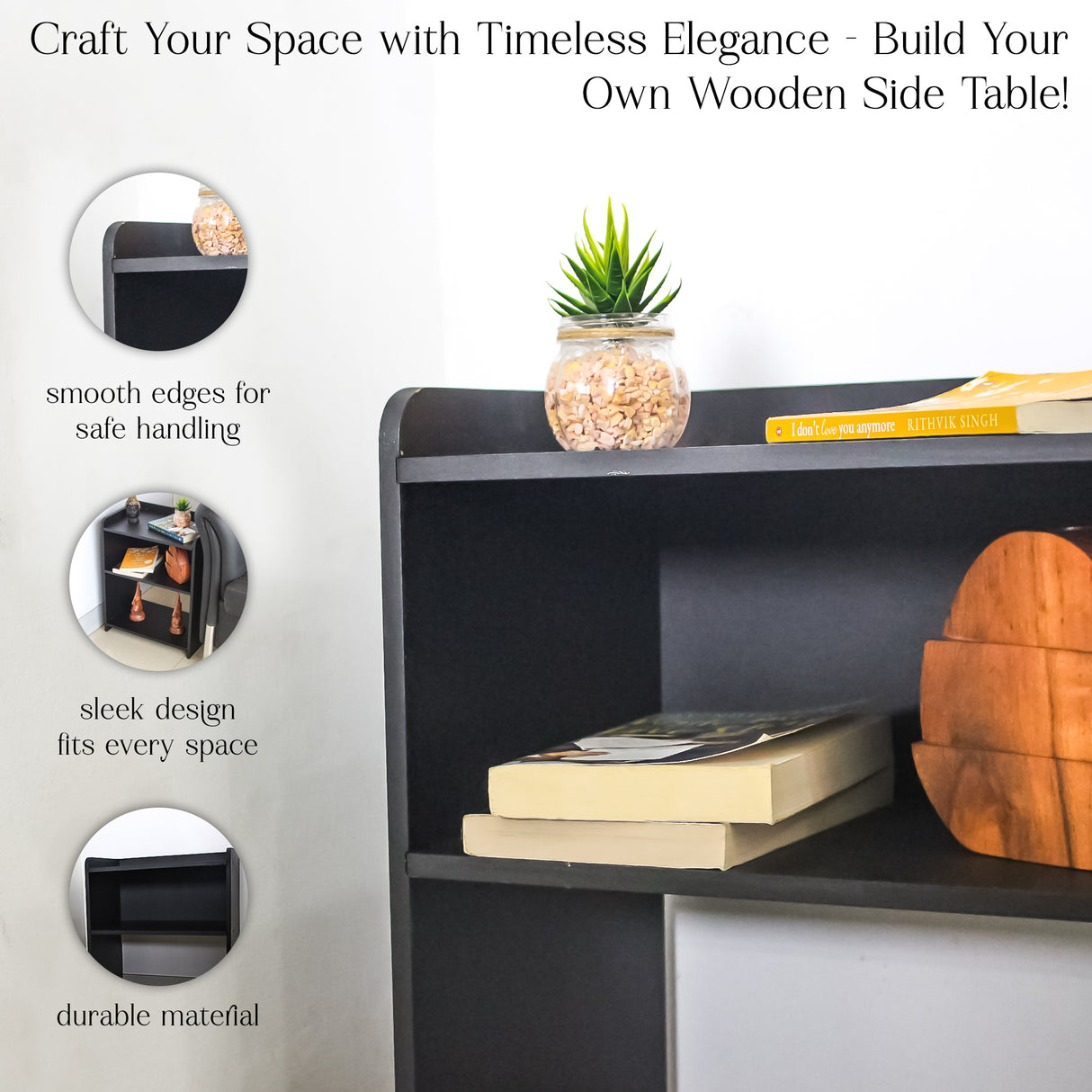 Elegant Wooden DIY Side Table with Storage & Shelves Modern Black