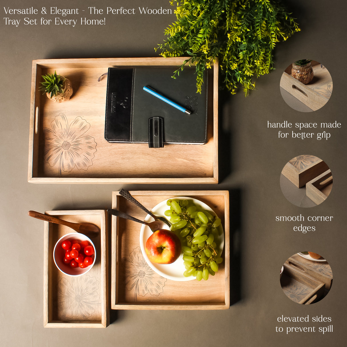 Wooden Serving Tray Set – Handmade Nesting Trays with Floral Engraving (Set of 3).