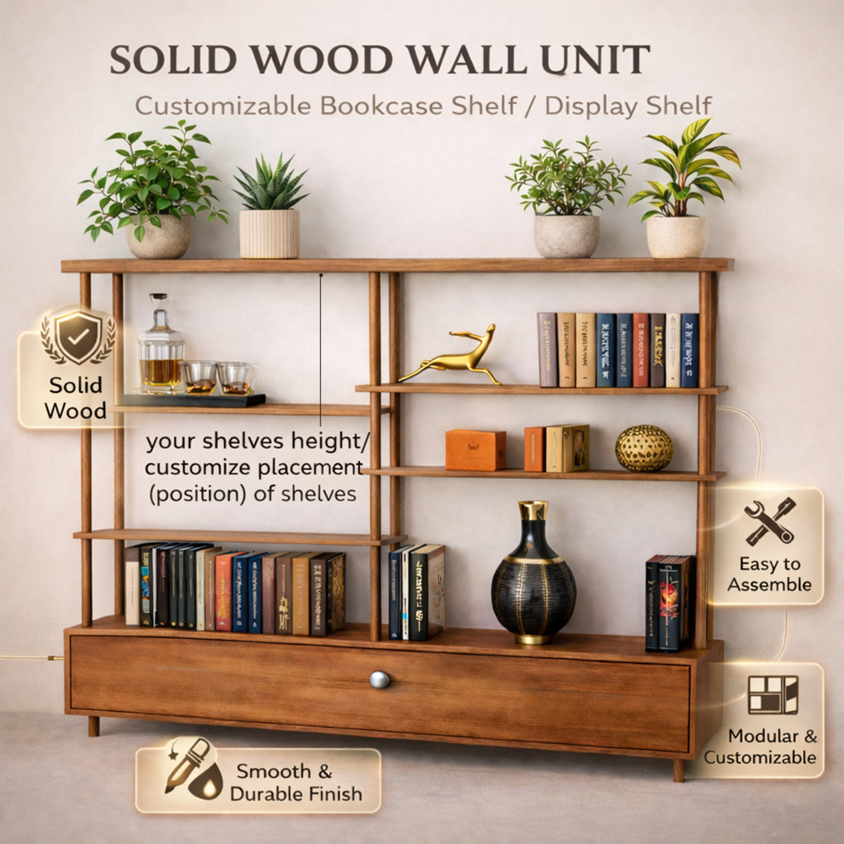 Designer Wooden Bookcase with Storage | Space Saving Shelving Unit for Modern Interiors