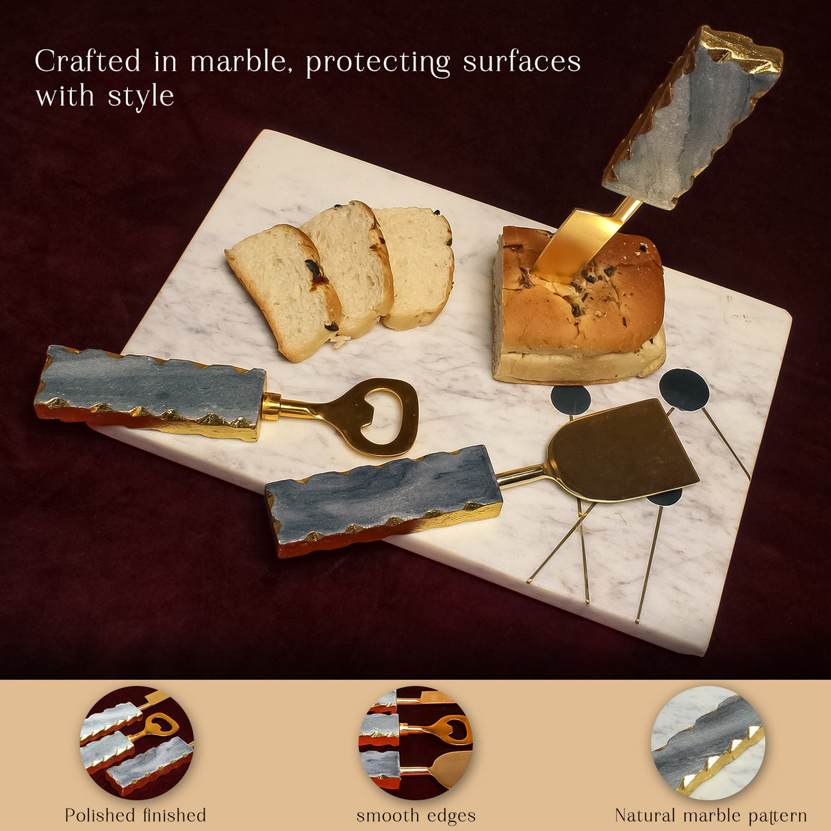 Set of Three Cheese Cutlery Set - Handcrafted Marble Cheese Knife for Home Decor