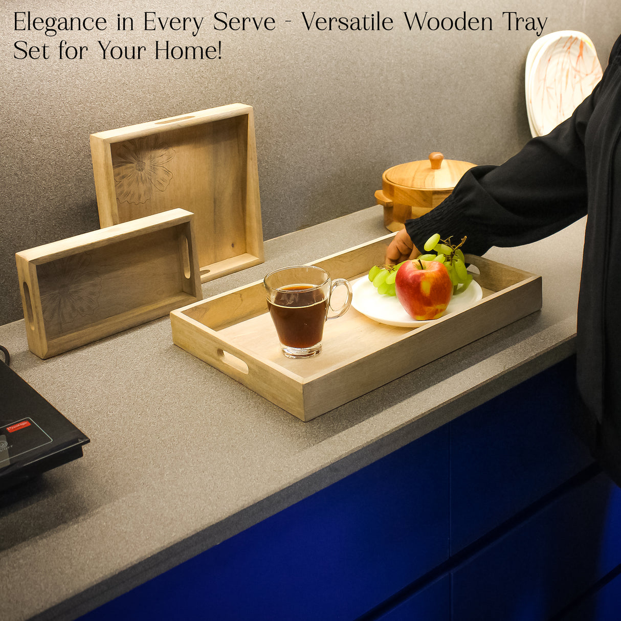 Wooden Serving Tray Set – Handmade Nesting Trays with Floral Engraving (Set of 3).