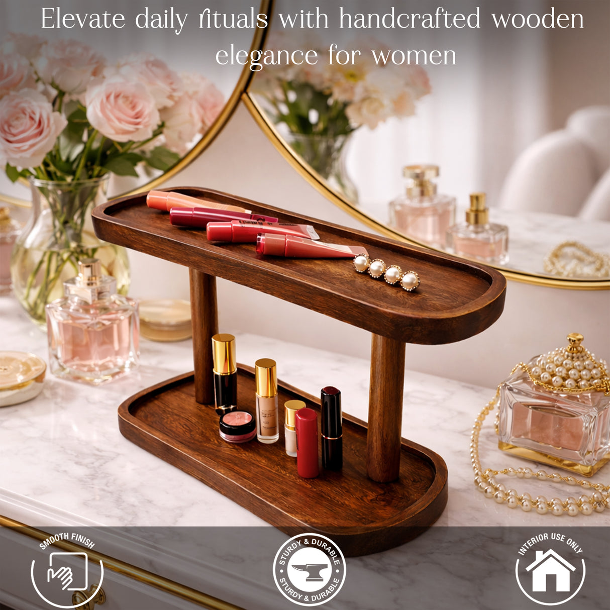 2-Tier Wooden Makeup Organizer for Vanity – Cosmetic, Skincare & Perfume Countertop Storage