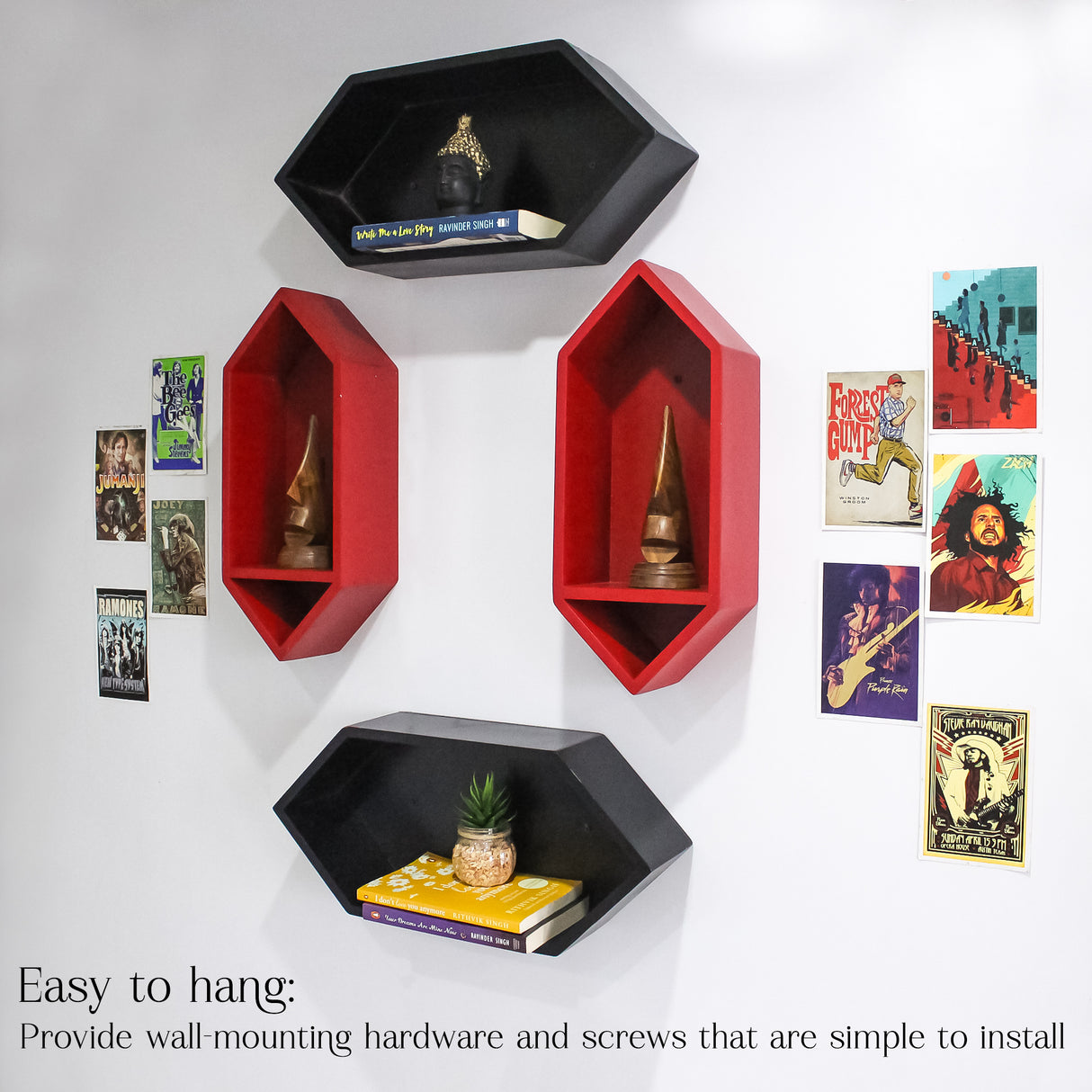 Modern Geometric Wooden Wall Shelf Set, 4-Piece Decorative Storage