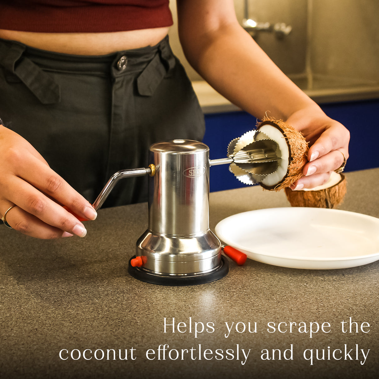 Free Interchangeable Blade Included – Stainless Steel Coconut Scraper for Kitchen – Manual Shredder with Rotatable Handle, Vacuum Base, Easy Operation, Durable Silver Tool