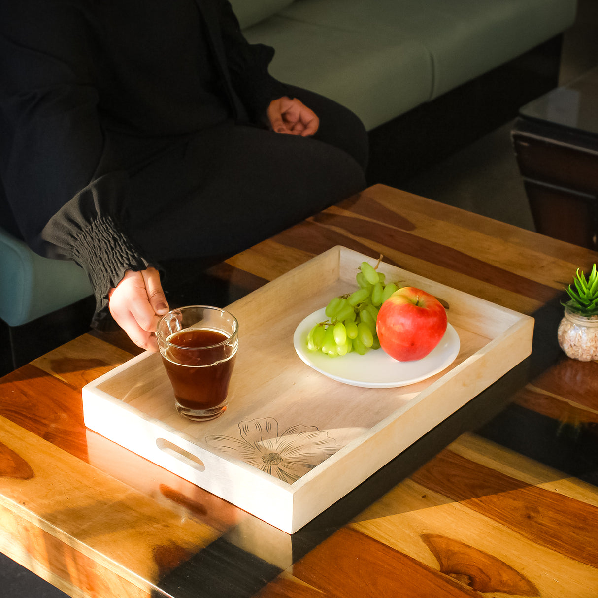 Wooden Serving Tray Set – Handmade Nesting Trays with Floral Engraving (Set of 3).