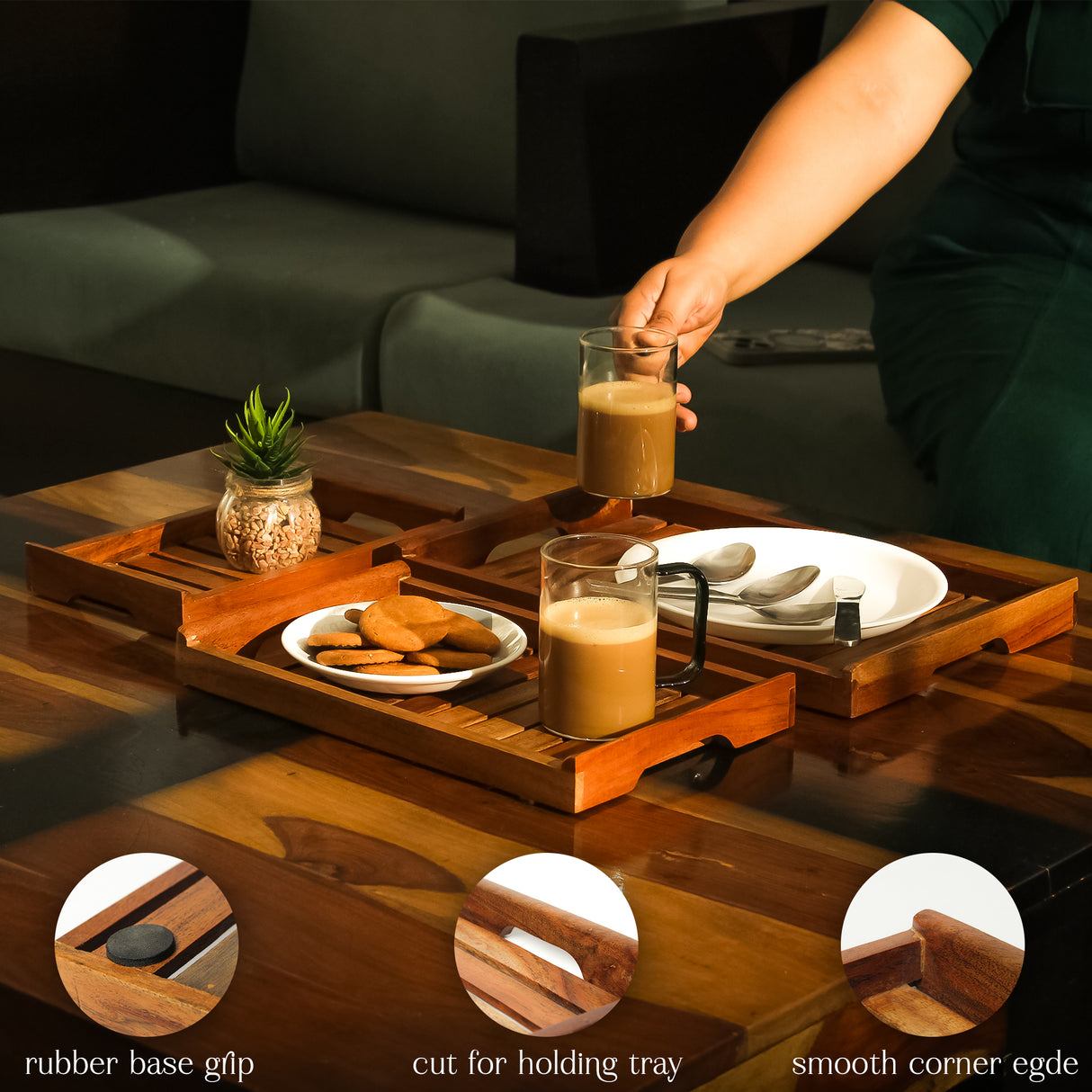 Wooden Serving Tray Set – 3-Piece Acacia Wood Breakfast, Coffee & Tea Trays with Handles – Decorative & Durable Kitchen Serving Platters