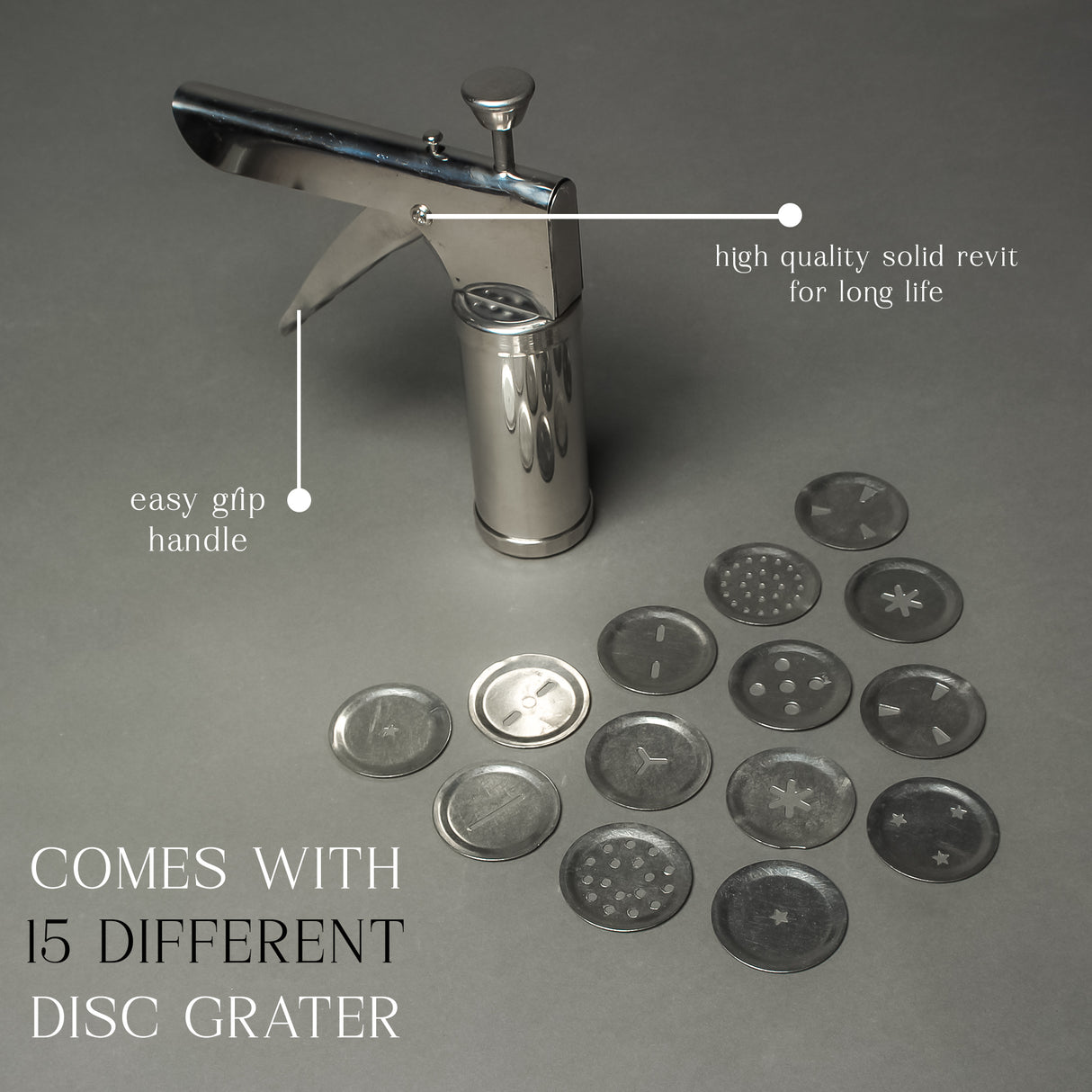 Stainless Steel Kitchen Press for Noodles, Murukku, Namkeen, and Snacks- Manual Sancha Sev Chakli Gathiya Sevaiya Maker- Silver Kitchen Tool