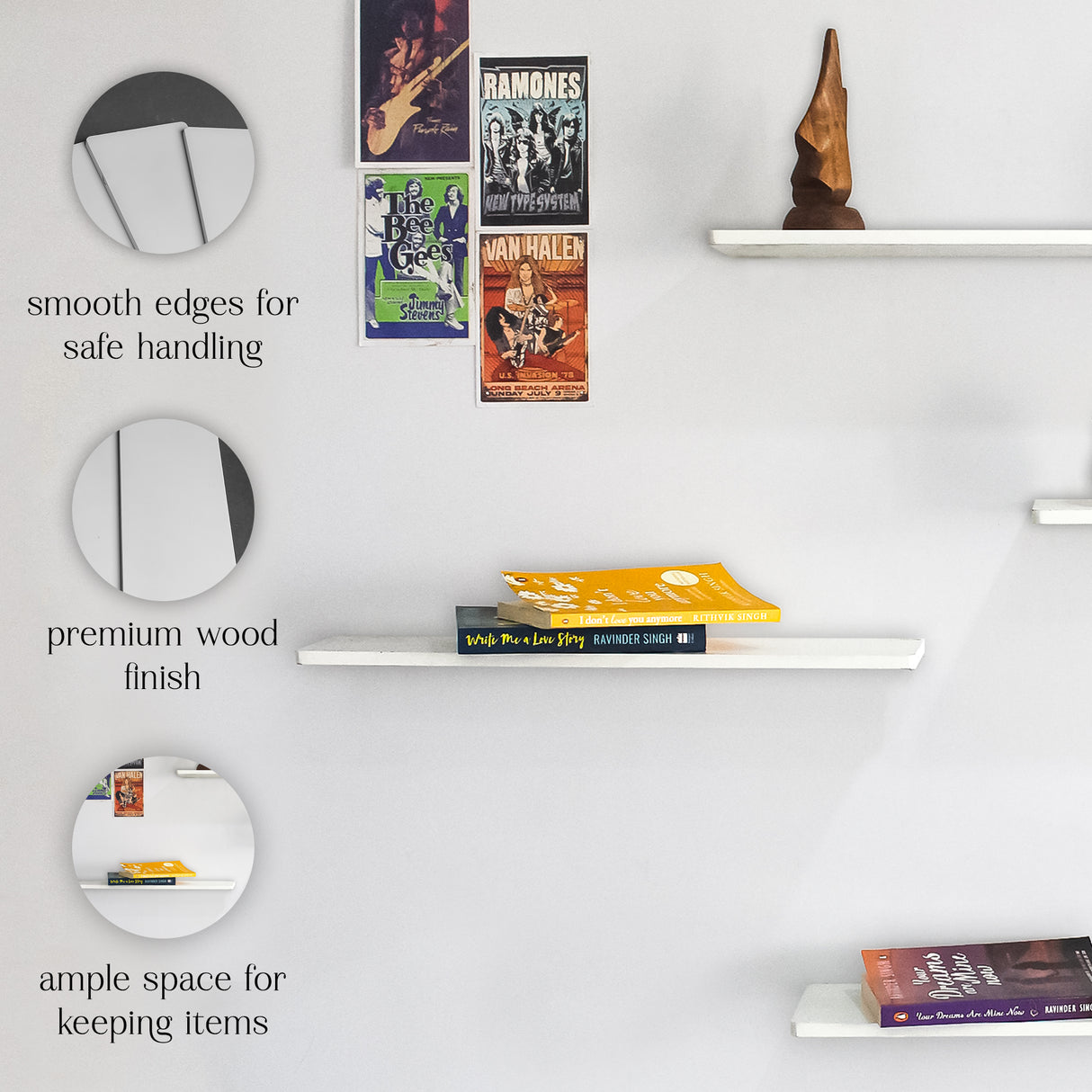 Modern 4-Piece Wooden Floating Wall Shelves for Home Decor & Storage