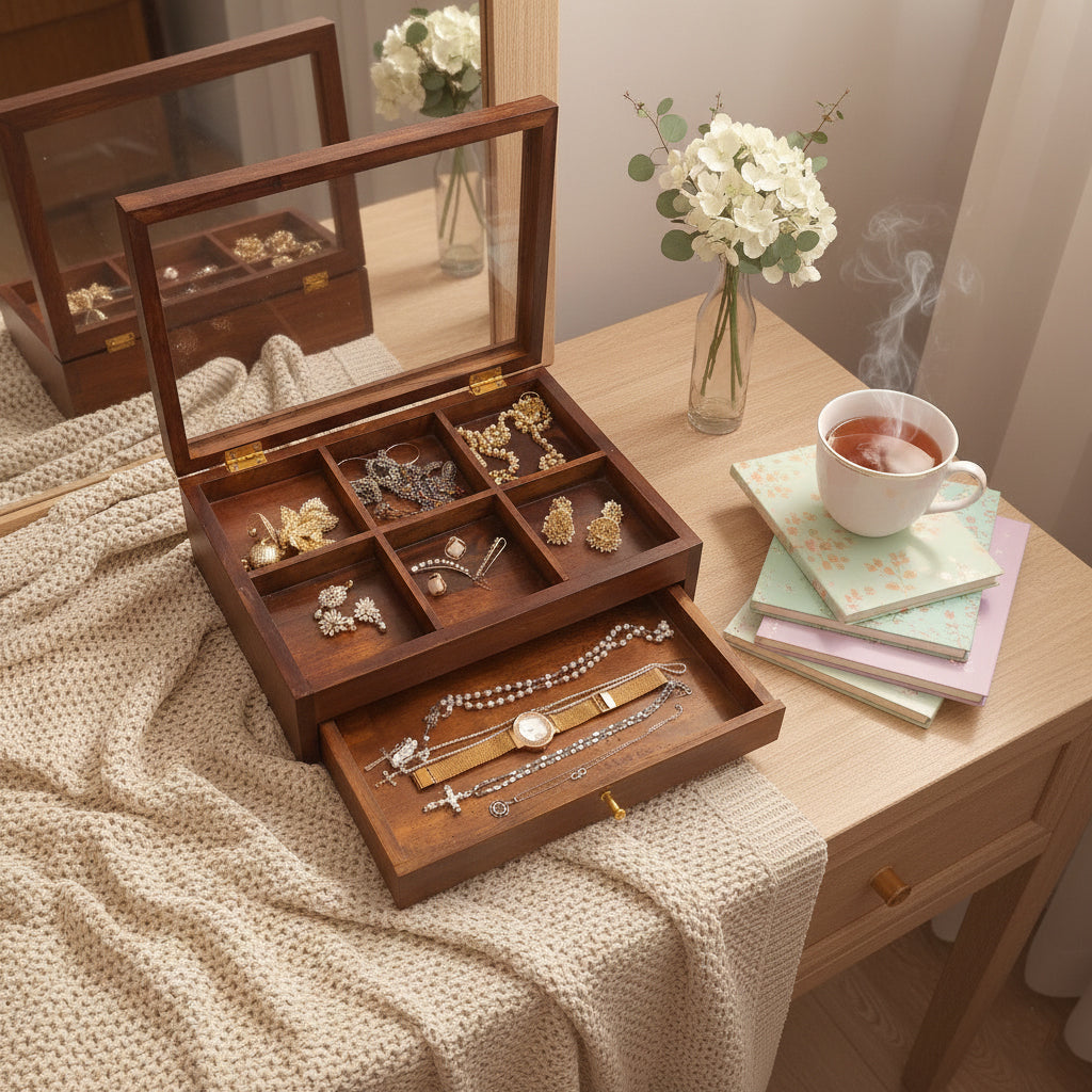 Handcrafted Wooden Bracelet & Jewelry Storage Box with Sliding Drawer - Premium Organizer with Multiple Compartments & Brass Hardware