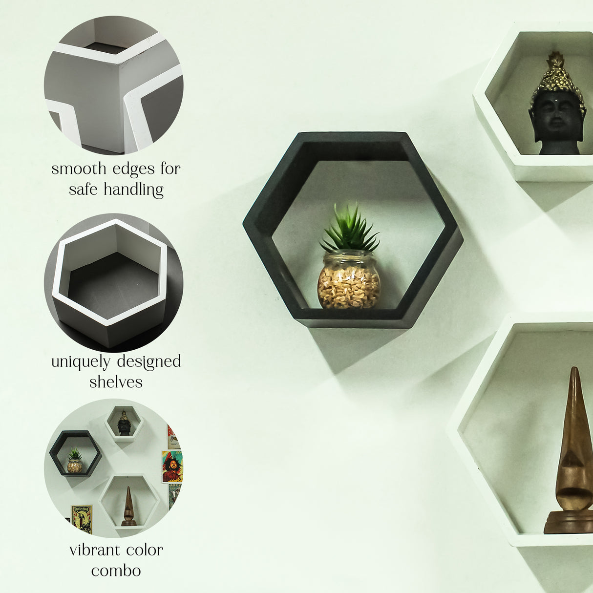 Modern Wooden Hexagon Wall Shelf Set of 3 – Geometric Floating Shelves