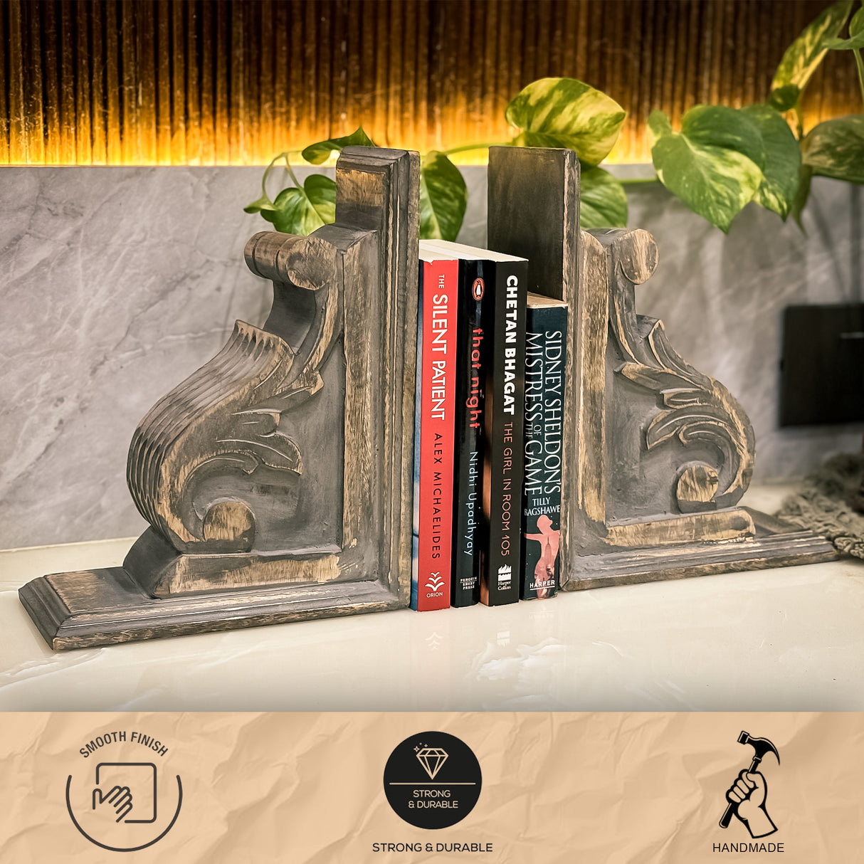 Premium Rustic Wooden Bookends for Living Room, Decorative house Shelf Decor