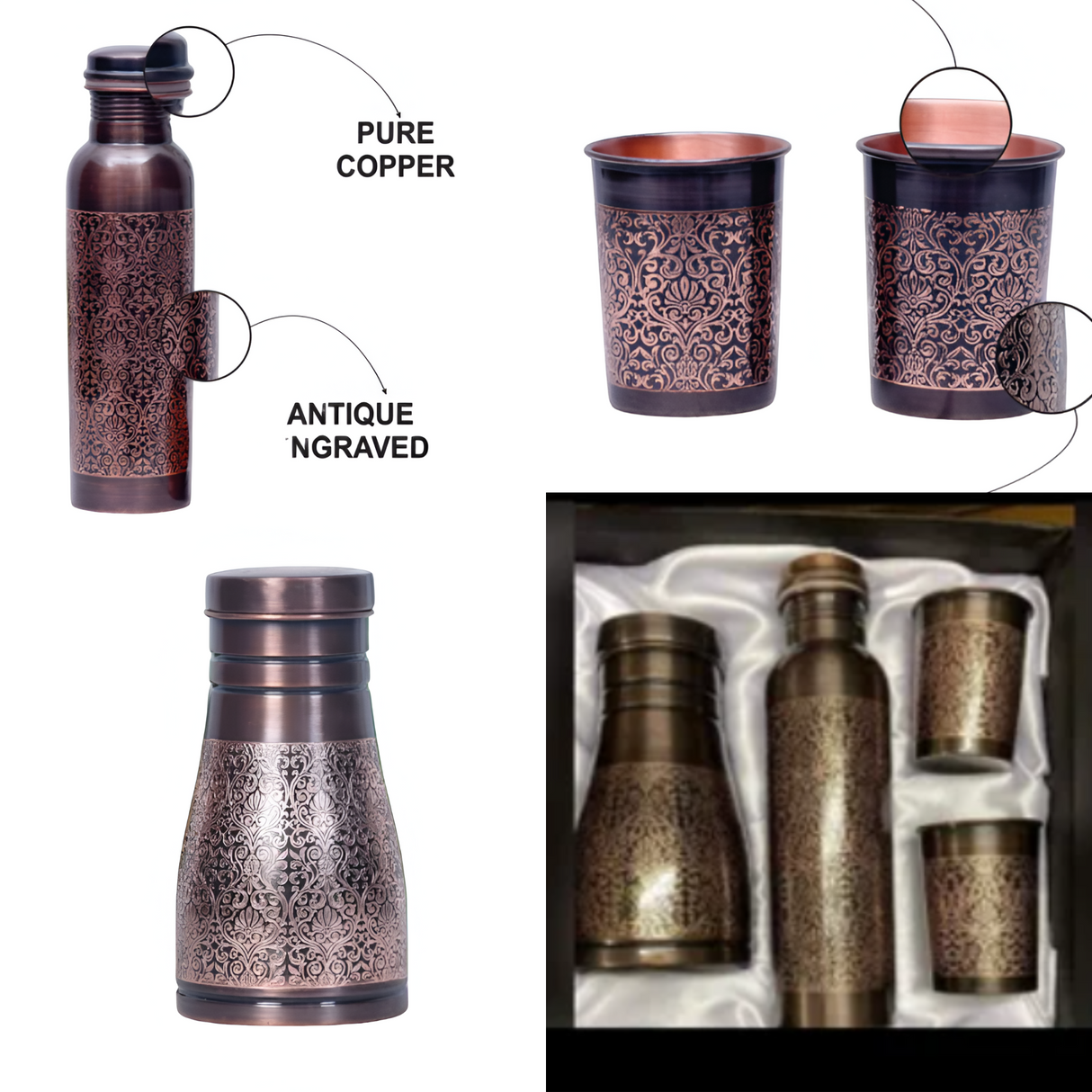 Pure Copper Water Bottle Set with 2 Glasses & Sugar Pot - Health Benefits