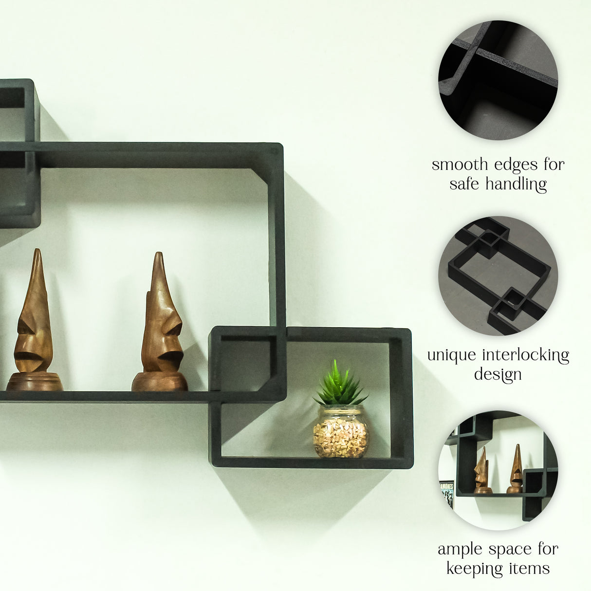 Cube Floating Wall Shelves, 3 Square Black Decorative Shelves for Home Storage