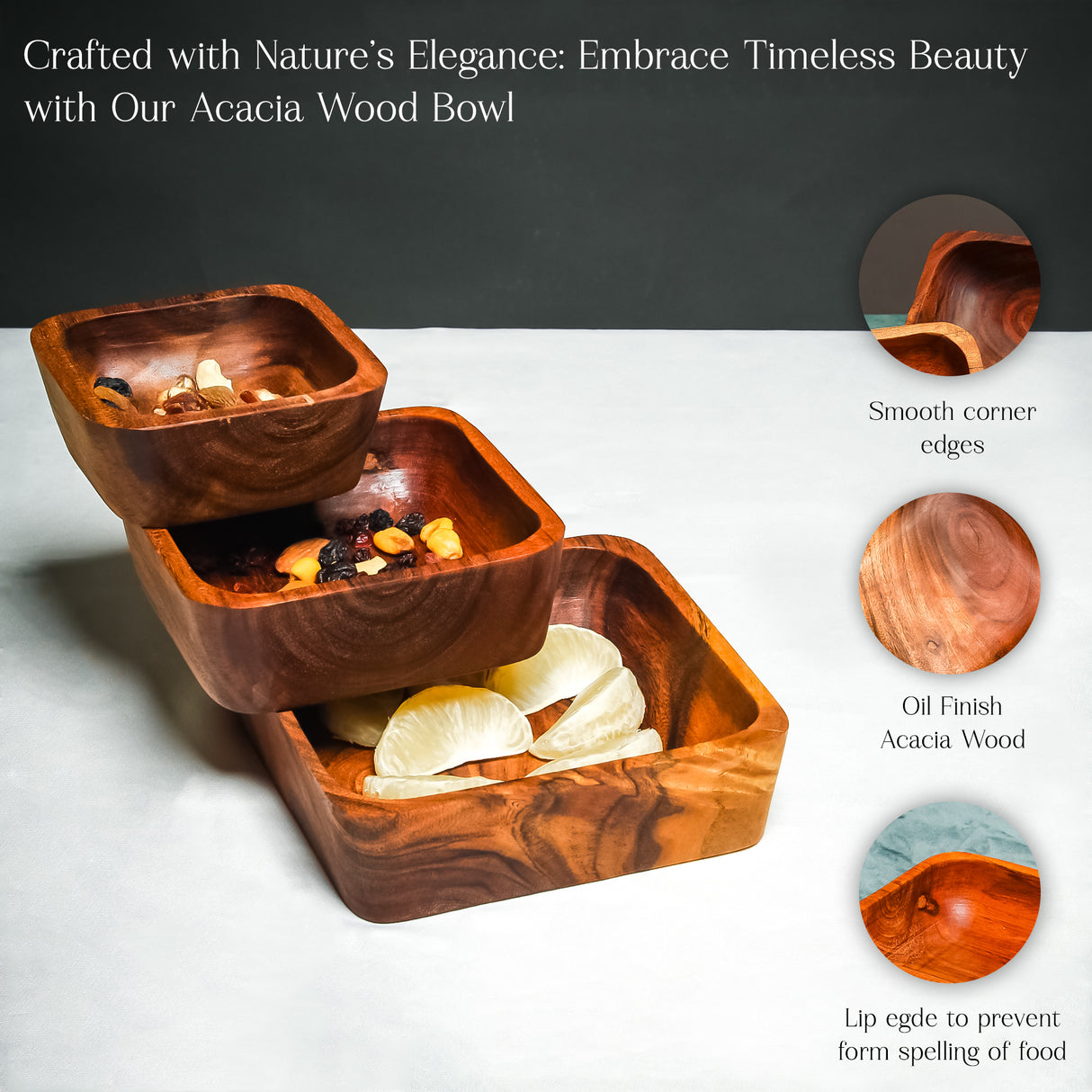 Stylish Wooden Bowl Set of 3 Artisan Handcrafted Nesting Bowls for Home and Kitchen