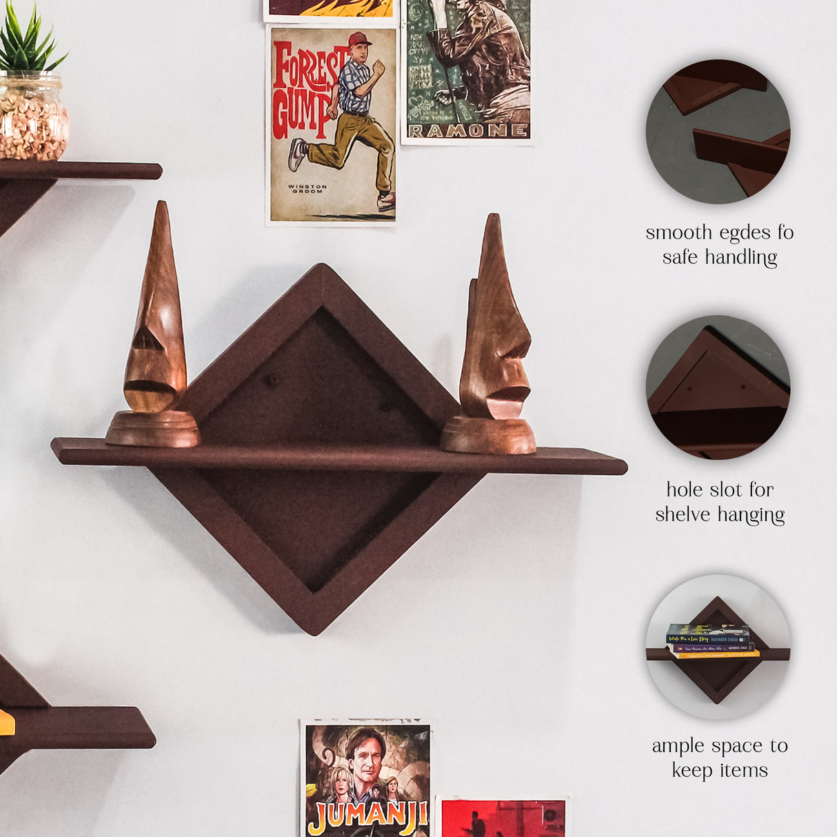 3-Piece Diamond Shaped Wooden Wall Shelf Set – Floating Wall Shelves for Decor