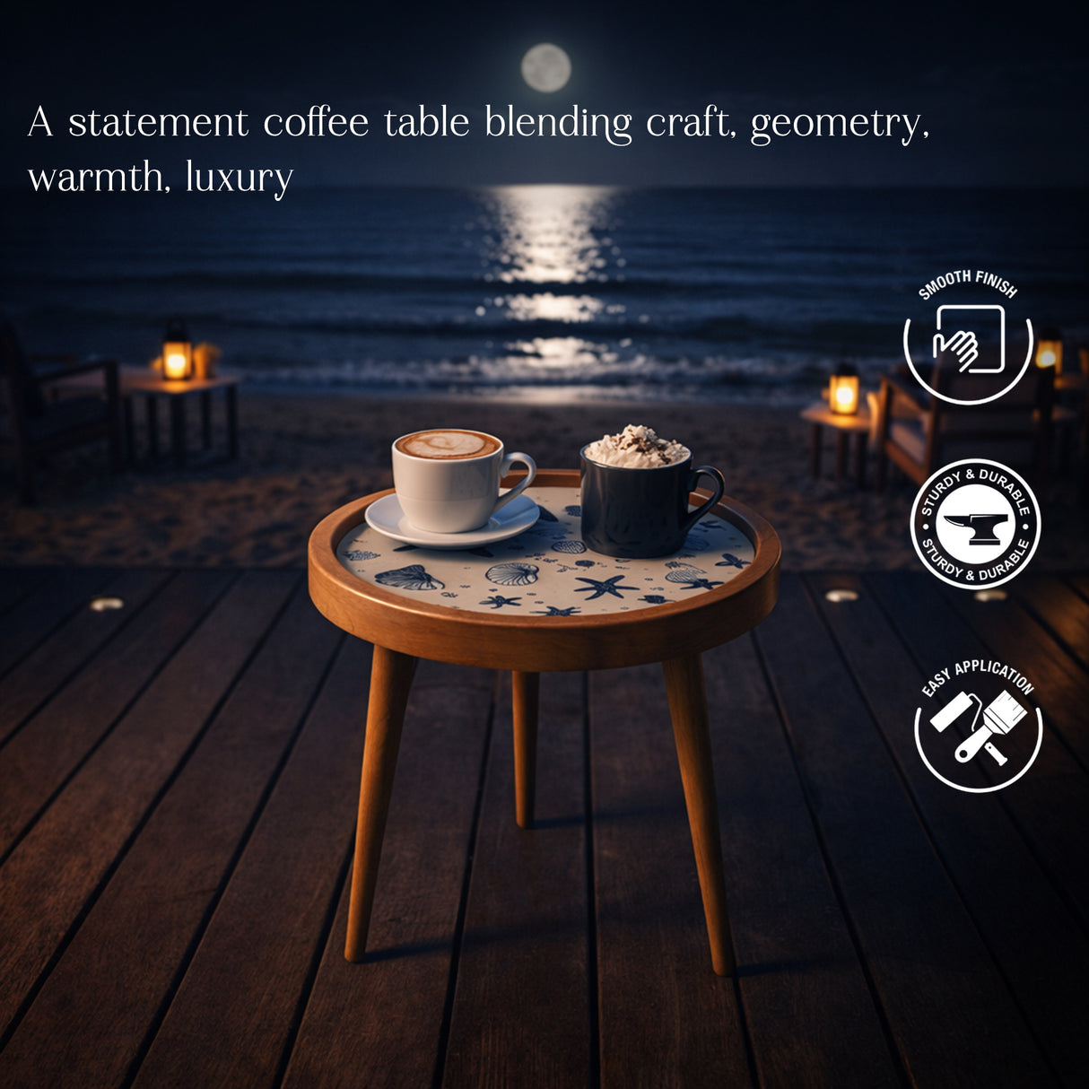 Solid Wood Round Coffee Table Set of 2 with Coastal Seashell & Starfish Print - Handmade Tray-Top Nesting Side Tables for Living Room, Bedroom & Balcony Décor