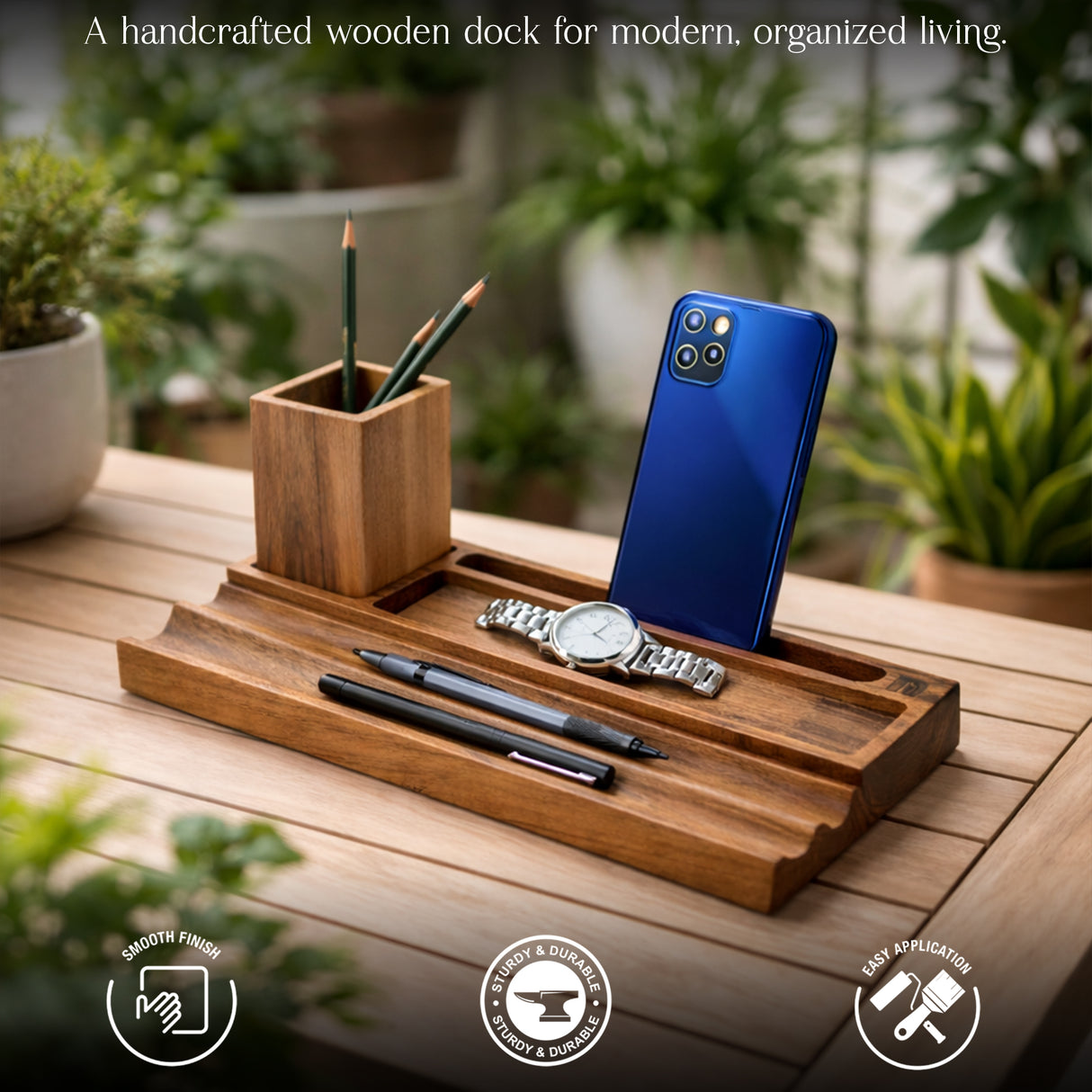 Wooden Desk Organizer & Pen Holder – Solid Wood Desktop Stationery Stand for Office Table, Study Desk & Home Workspace