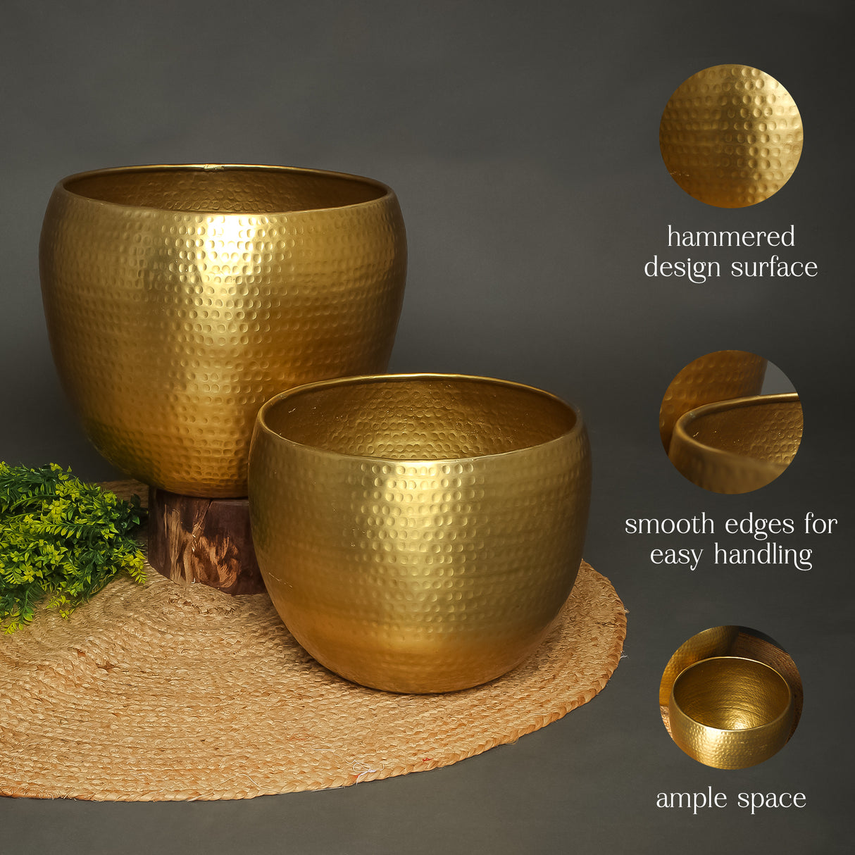 Set of 2 Brass Hammered Planters – Elegant Decorative Pots for Indoor and Outdoor Use