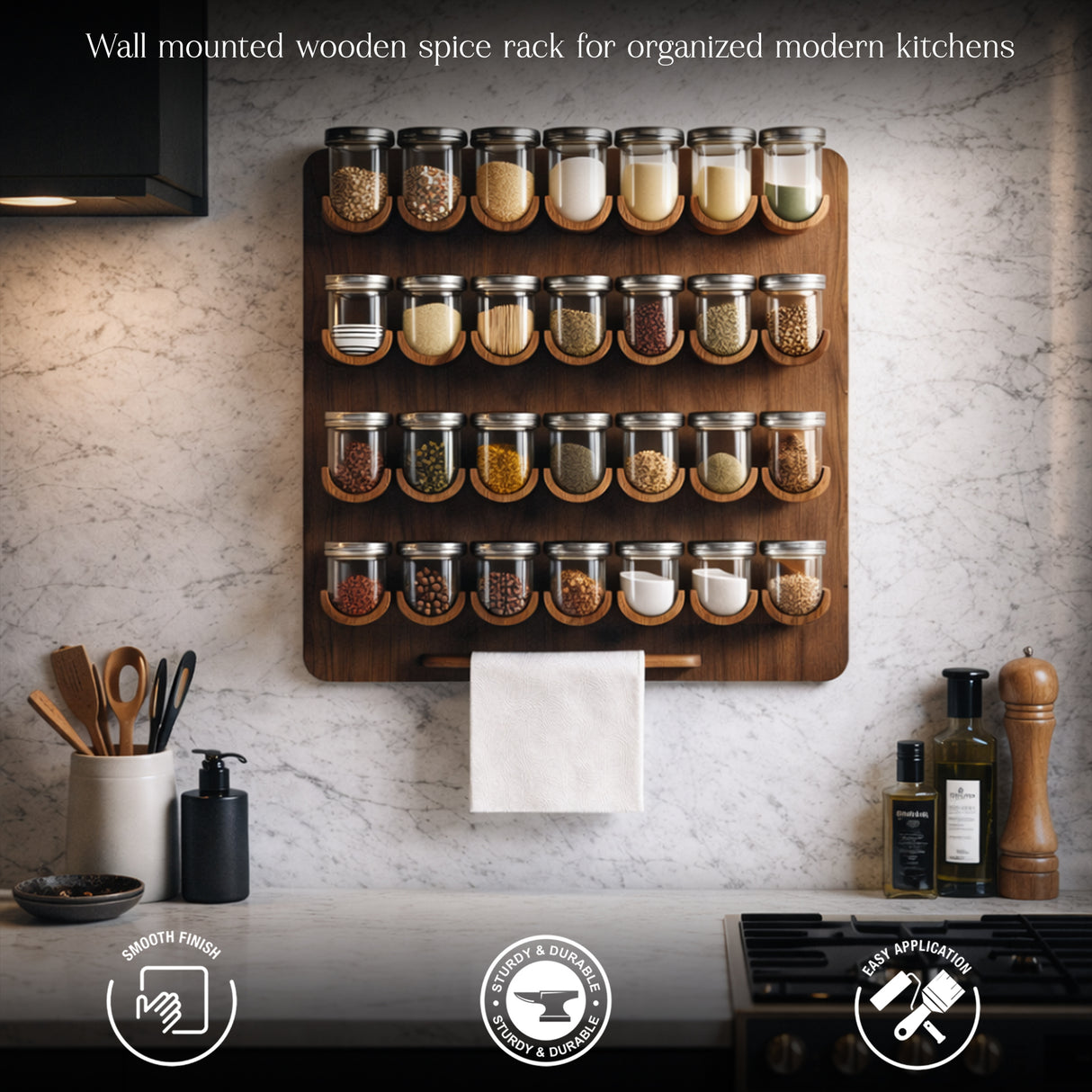 Premium Wooden Wall Spice Rack Organizer with Jars – Vertical Space Saving Masala Stand for Modern Kitchens