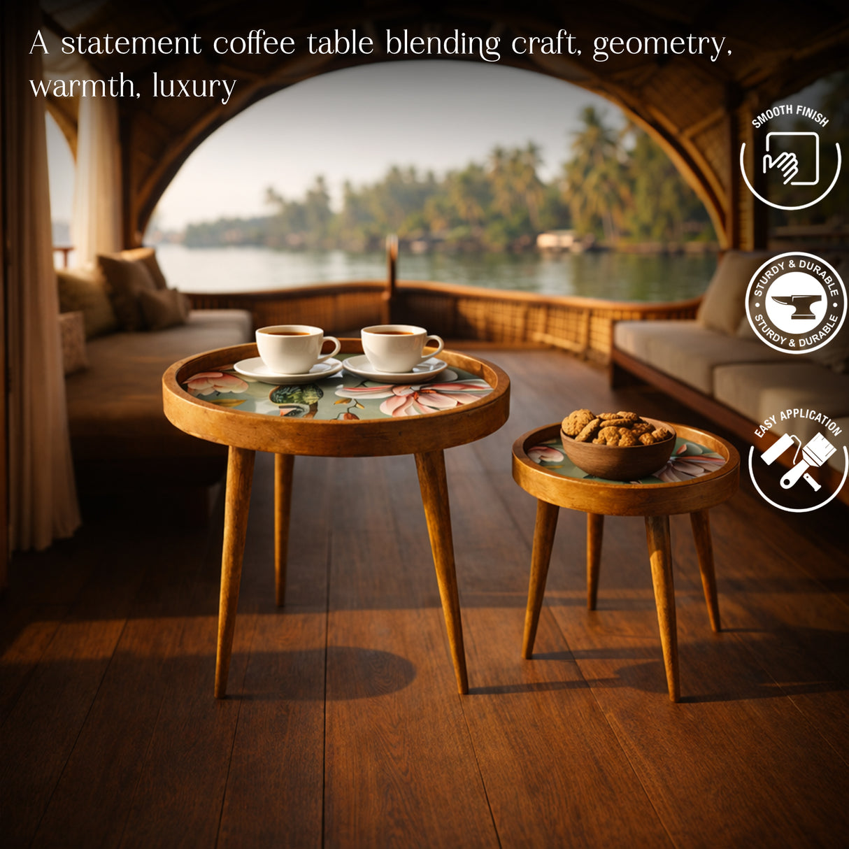 Handcrafted Wooden Round Coffee Table Set of 2 – Solid Wood Nesting Side Tables with Decorative Inlay Top for Living Room & Balcony