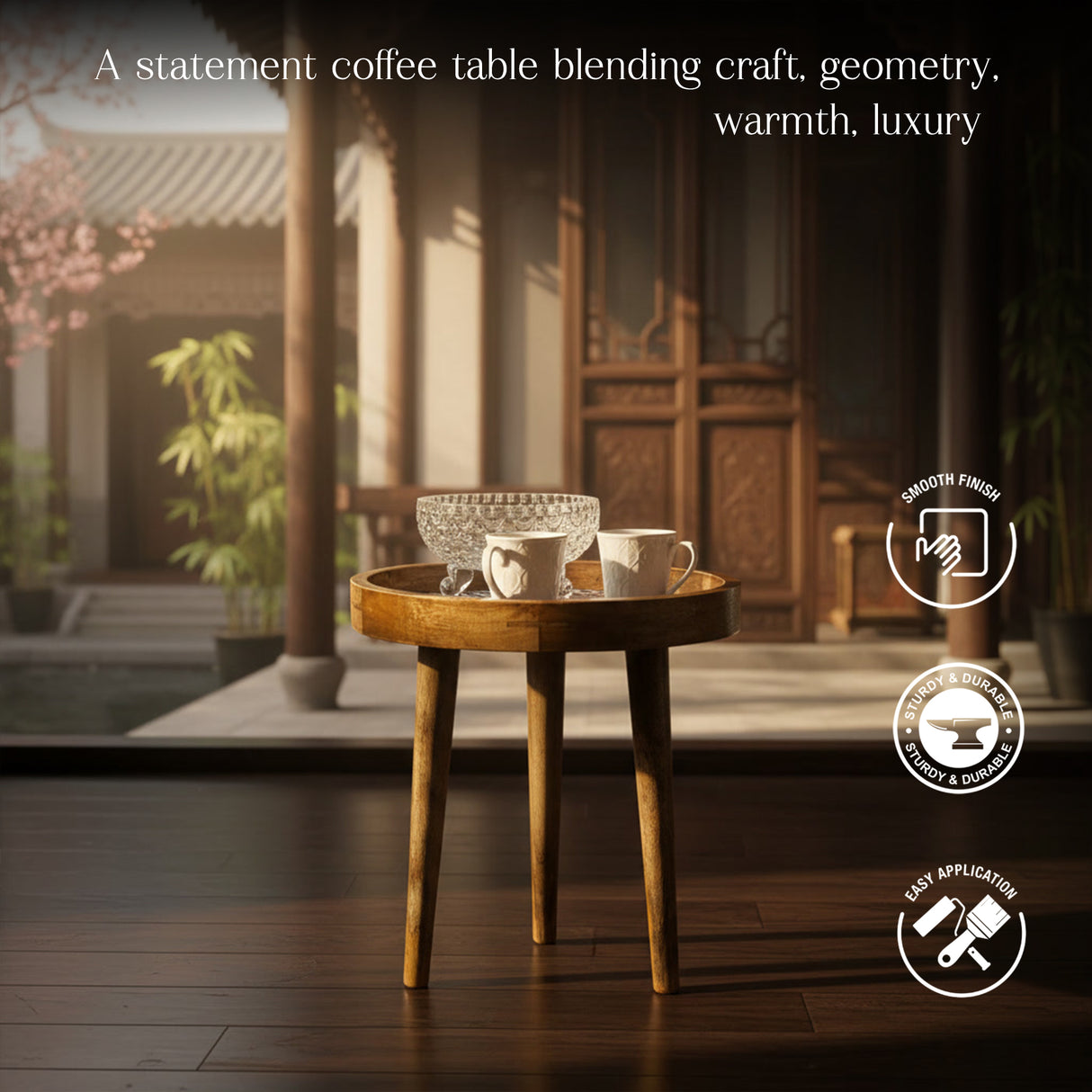 Handcrafted Wooden Round Side Table with Decorative Inlay Top – Solid Wood Accent Table for Living Room, Bedroom & Home Décor