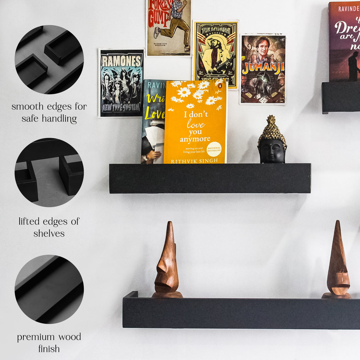 Modern 4-Piece Wooden Floating Wall Shelves (Black) – Wall-Mounted Shelves