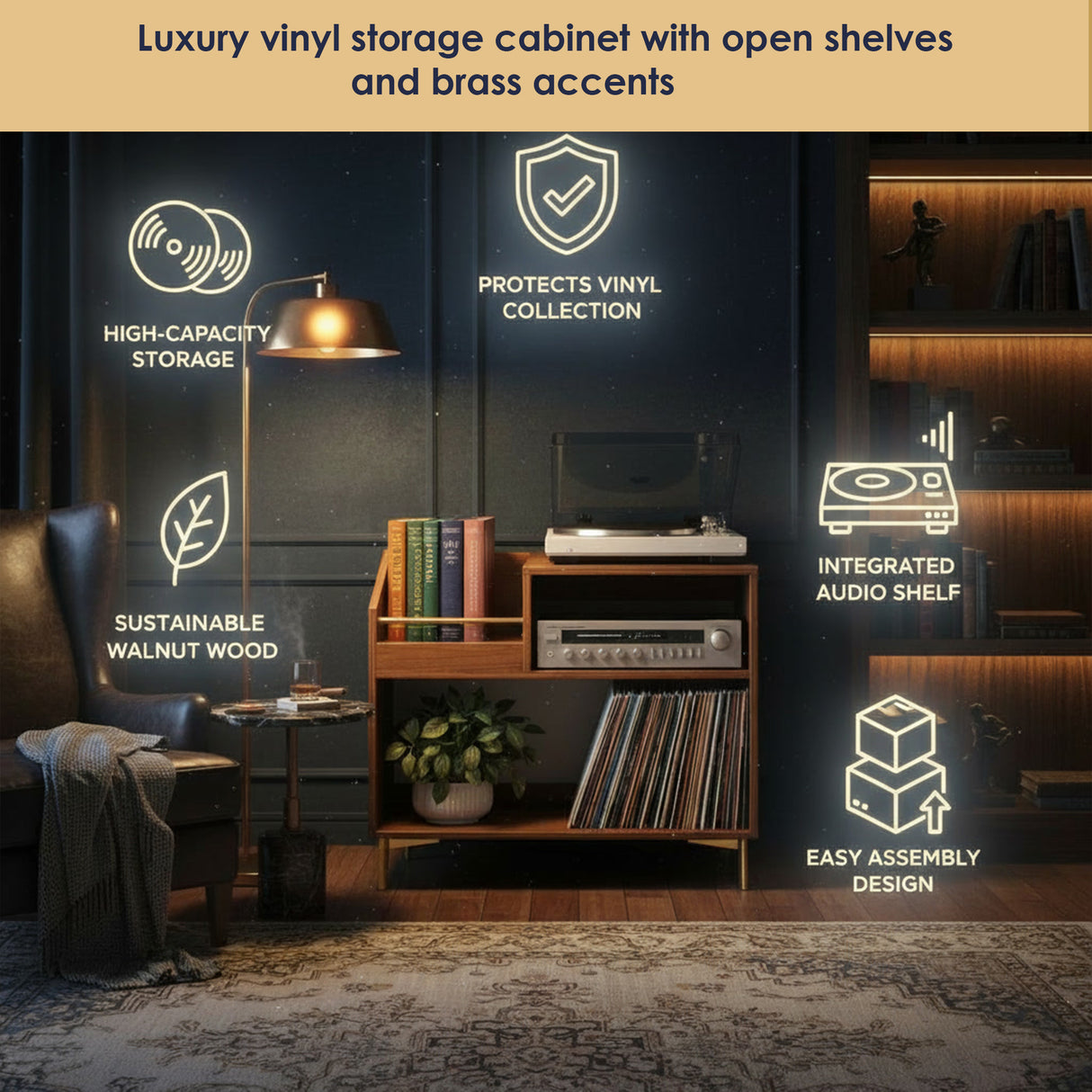 Luxury Vinyl Record Storage Cabinet – Wooden Turntable Stand with Open Shelves, High-Capacity LP Storage & Integrated Audio Shelf