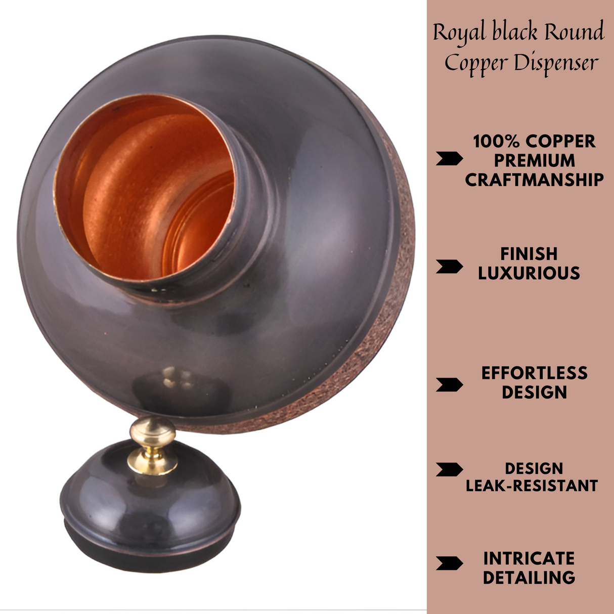Antique Royal Black Round Copper Water Dispenser - Leak-Proof & Large Capacity
