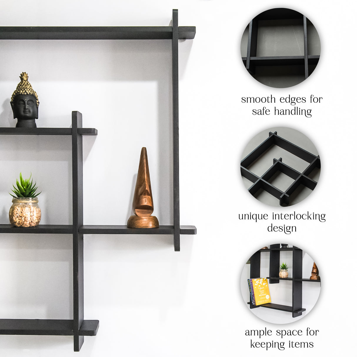 Wooden Square Floating Wall Shelf (Black) - Modern Storage Solution for Home Decor