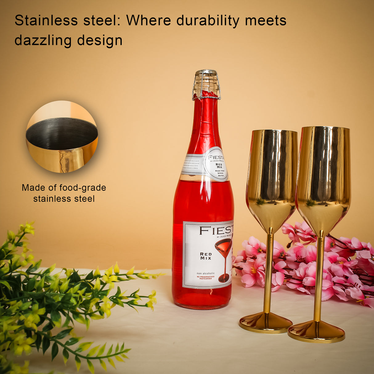 Elegant Champagne Flutes – Stainless Steel Cocktail Glasses, Shatterproof, Copper Finish