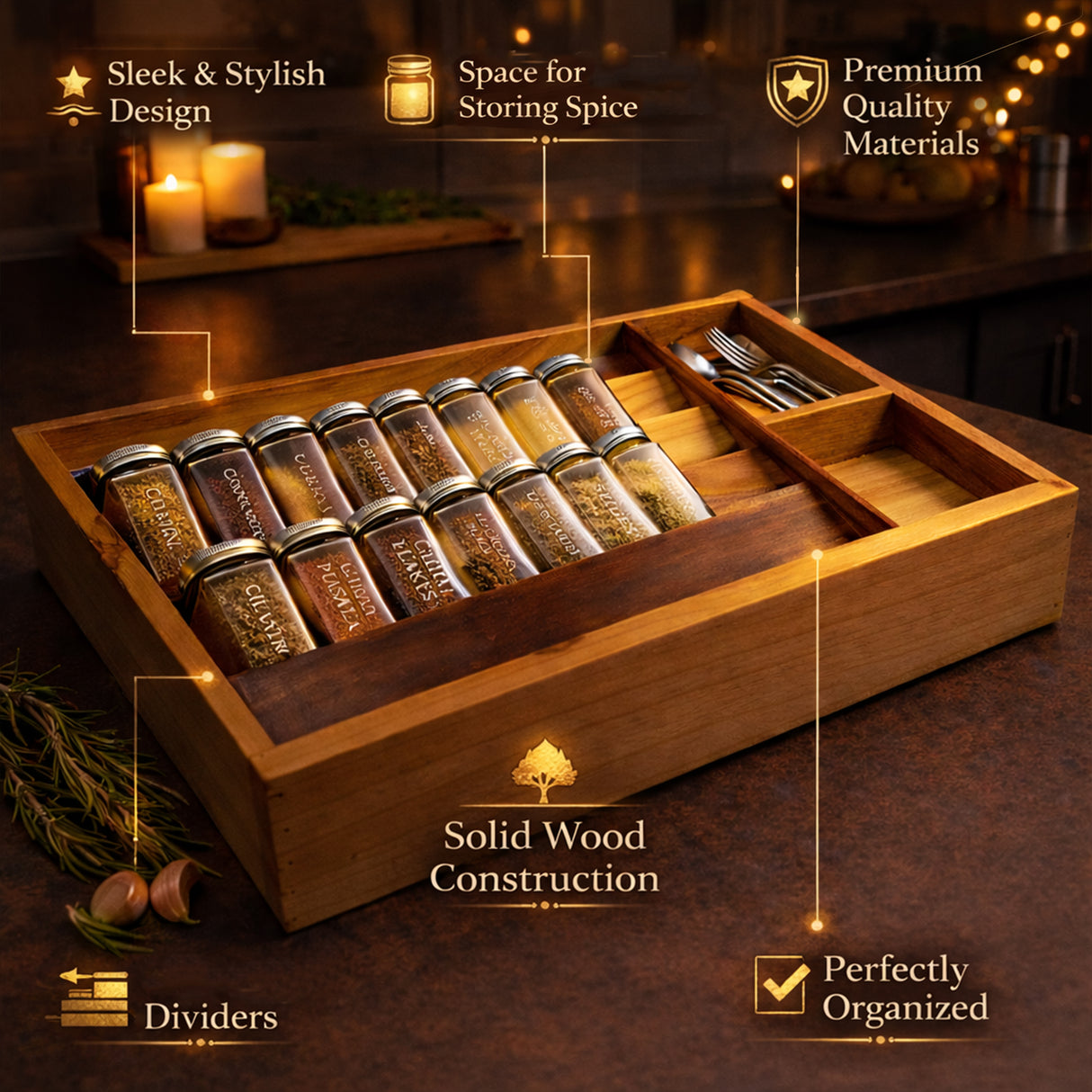Premium Solid Wood Kitchen Drawer Organizer with Spice Jar & Cutlery Compartments – Handcrafted Modular Storage Tray for Neat & Elegant Kitchens