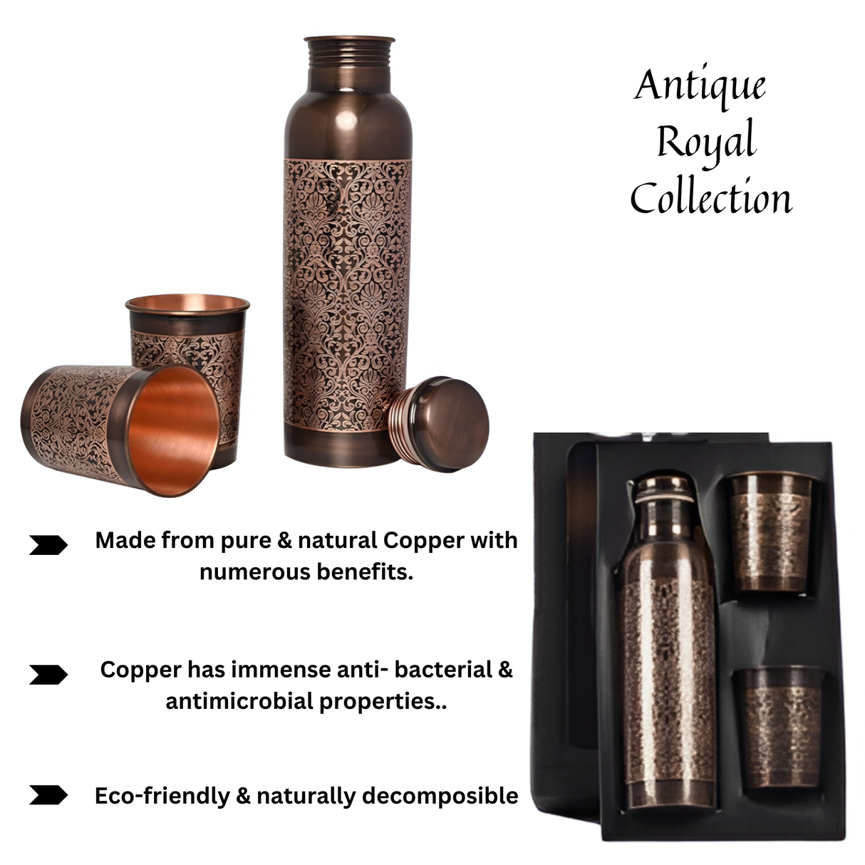 Antique Royal Black Copper Bottle Set with 2 Glasses - Ayurvedic & Eco-Friendly