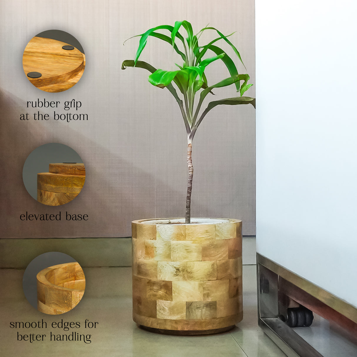 Handcrafted Wooden Planter with Artisan Patchwork Design for Home & Office