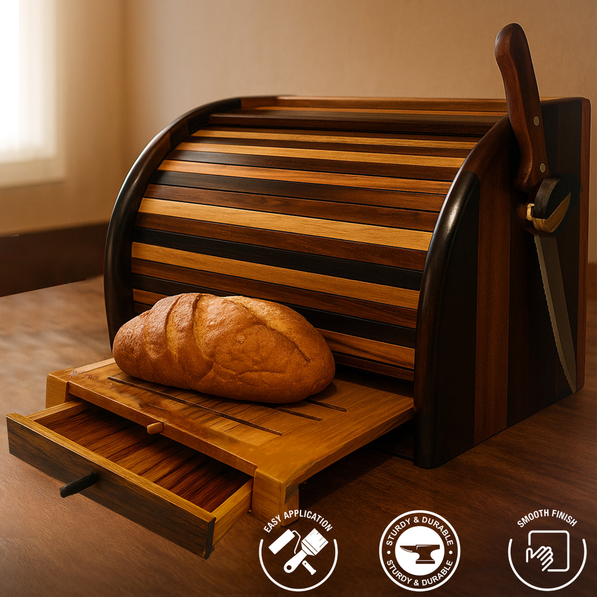 Handcrafted Wooden Bread Box with Roll-Top Lid & Sliding Crumb Drawer - Premium Countertop Bread Storage Organizer
