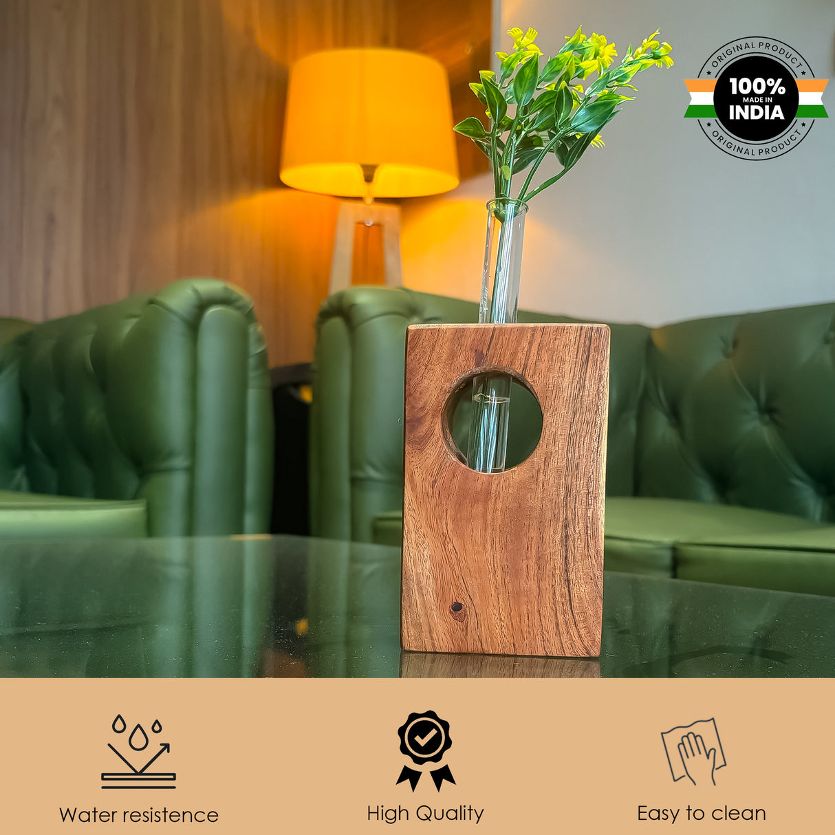 Wooden Vase with Glass Tube Planter for Indoor Plants and Home Decor