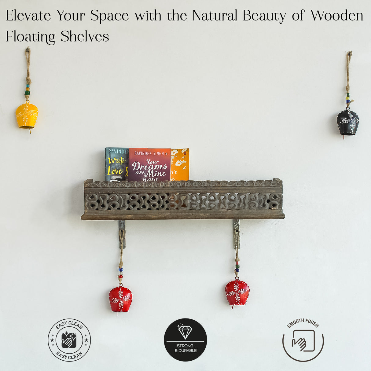 Handcrafted Grey Wooden Wall Shelf with Intricate Carvings for Home Decor