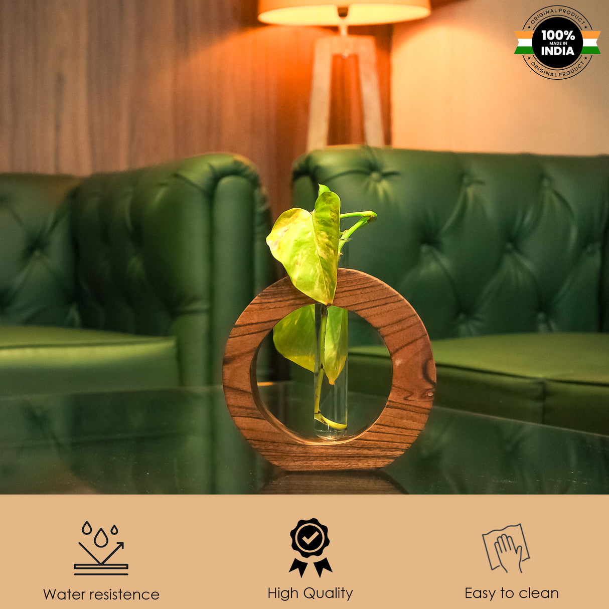 Wooden Planter with Glass Tube for Small Indoor Plants and Home Decor