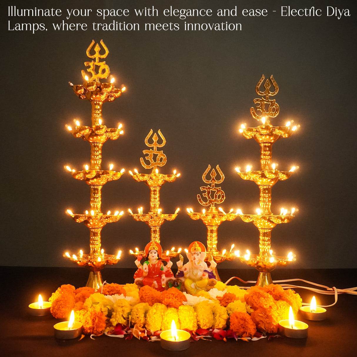 Get FREE Wall Hanging | Electric Diya Lamp for Mandir Décor | OM & Trishul Design | Multi-Level Deepam Vilakku for Diwali, Pooja, Temple, and Home Décor