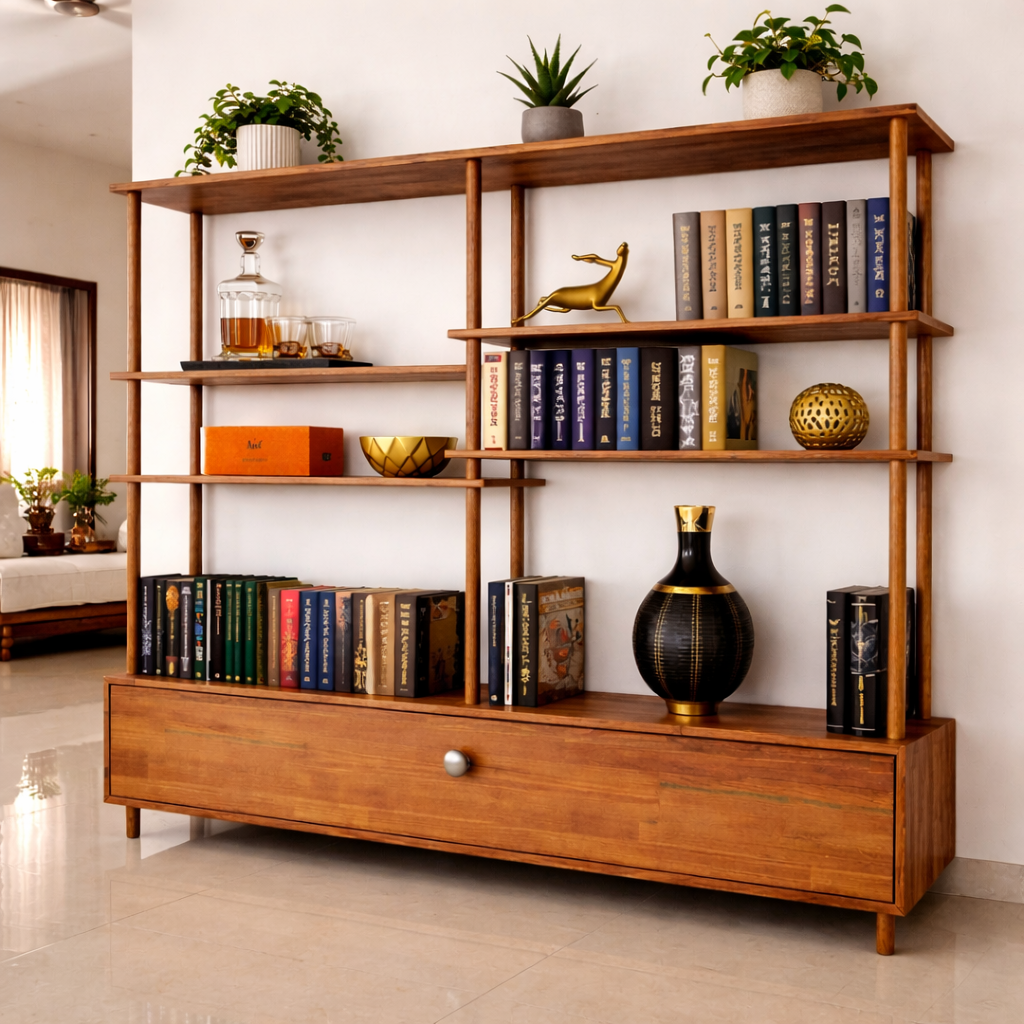 Designer Wooden Bookcase with Storage | Space Saving Shelving Unit for Modern Interiors