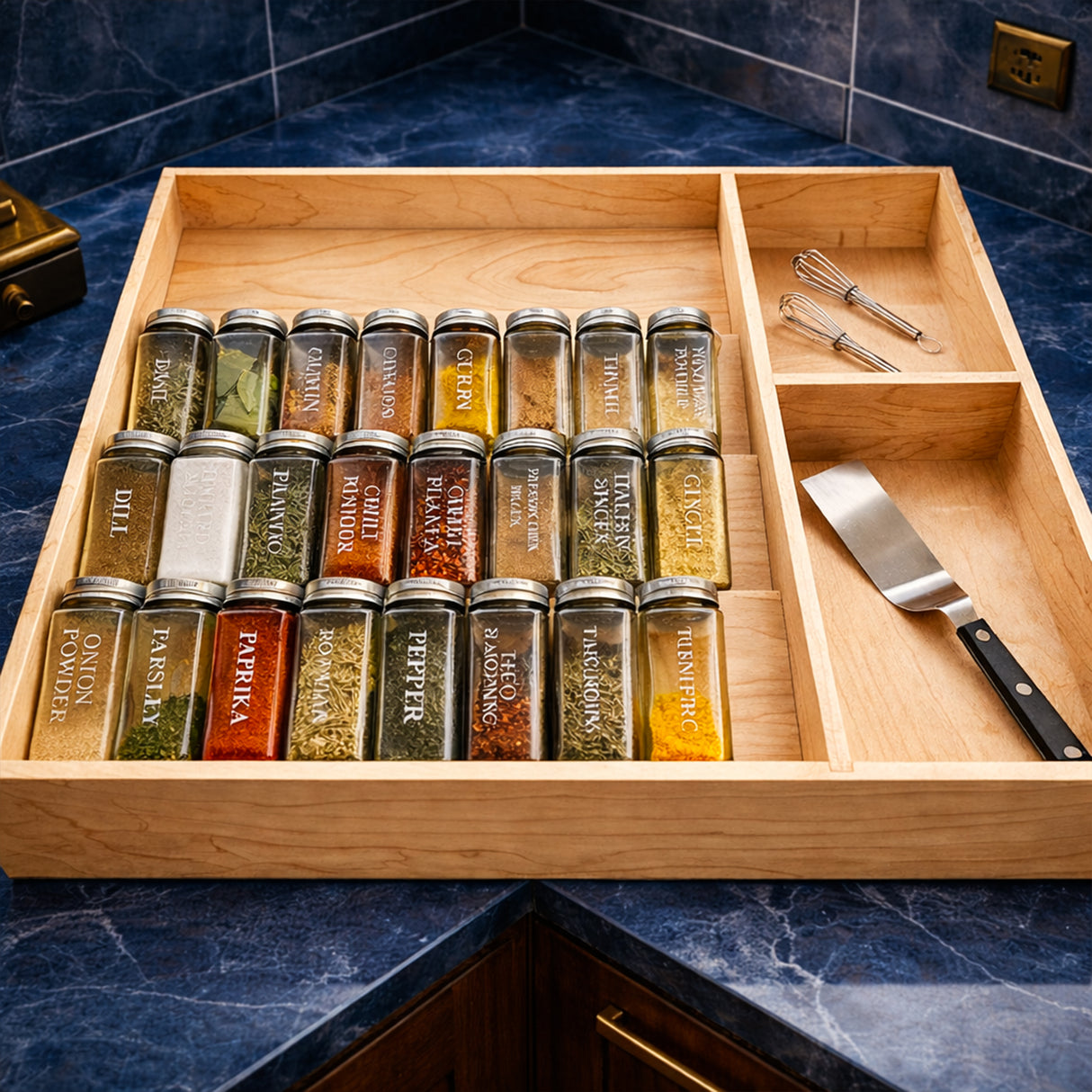 Premium Solid Wood Kitchen Drawer Organizer with Spice Jar & Cutlery Compartments โ Handcrafted Modular Storage Tray for Neat & Elegant Kitchens