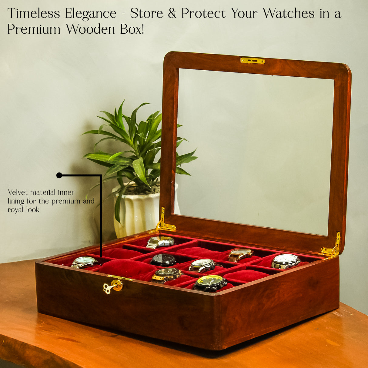 Premium Acacia Wood Watch Box, 12-Slot Luxury Watch Organizer with Key Lock.