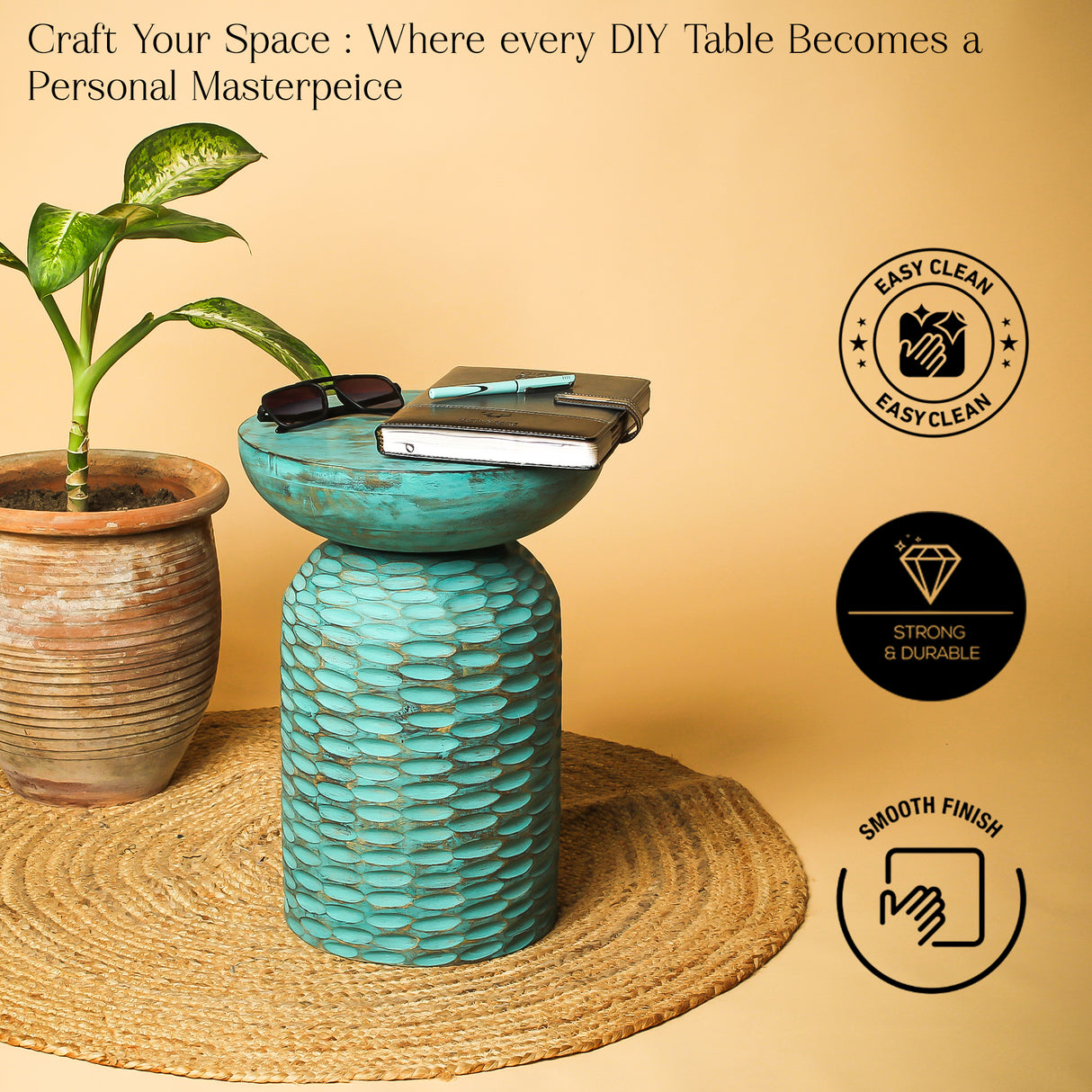 Vintage Mango Wood Side Table (13"x13"x17") - Rustic Accent for Living Room