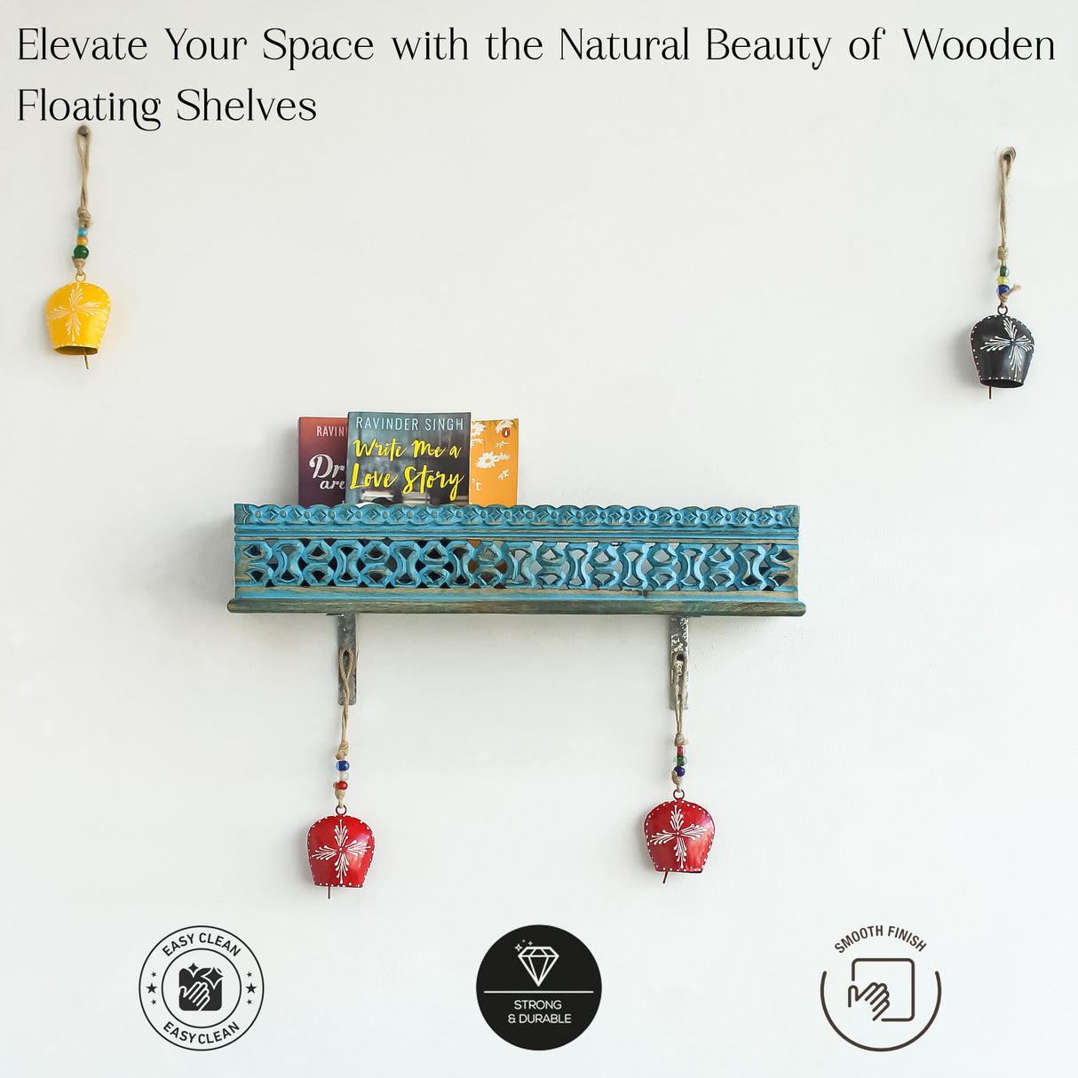 Handcrafted Wooden Wall Shelf with Intricate Carvings (Blue, Rustic, Floating Shelf)