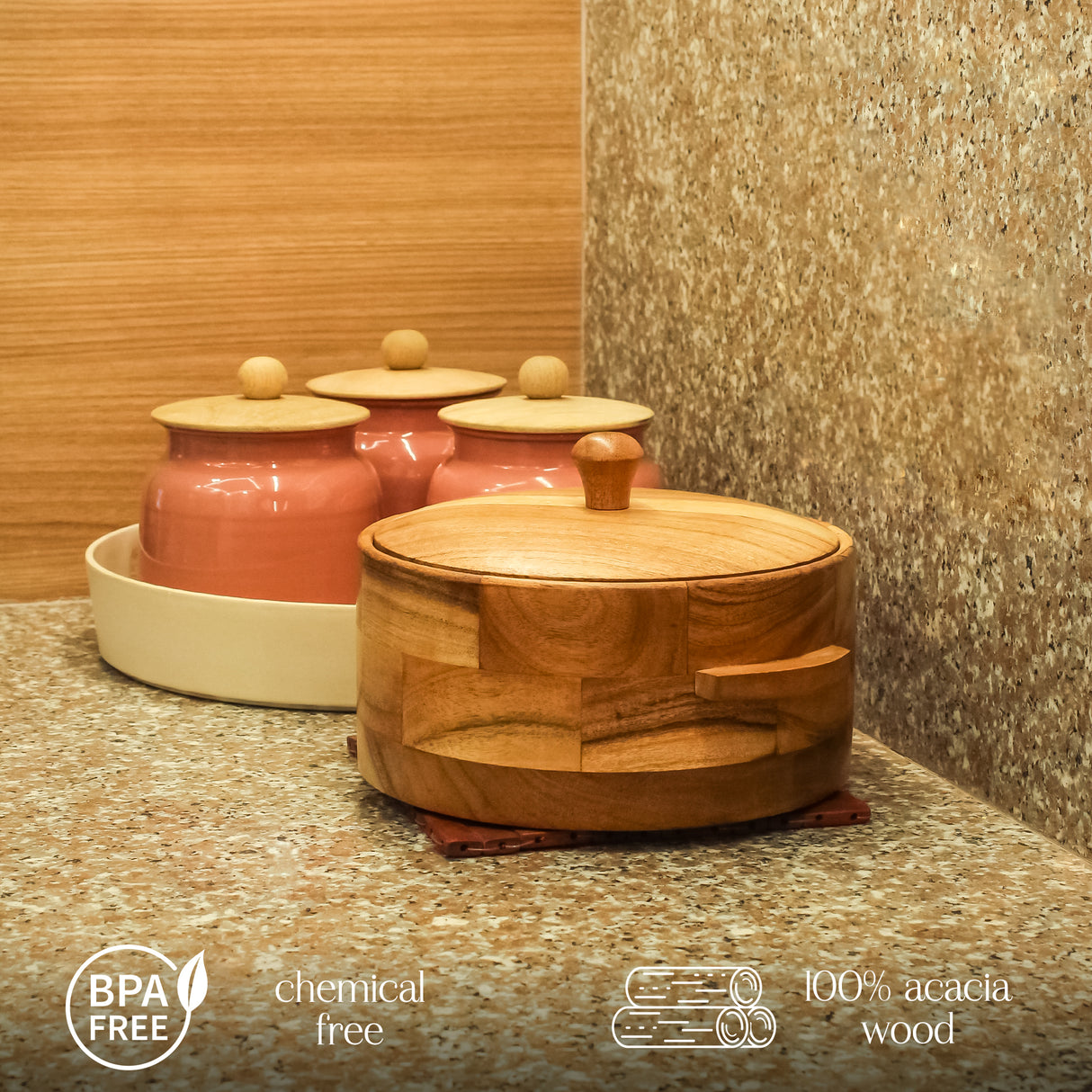 Handcrafted Wooden Casserole with Lid – 8.5 Inch Round Acacia Wood Serving Dish with Handles