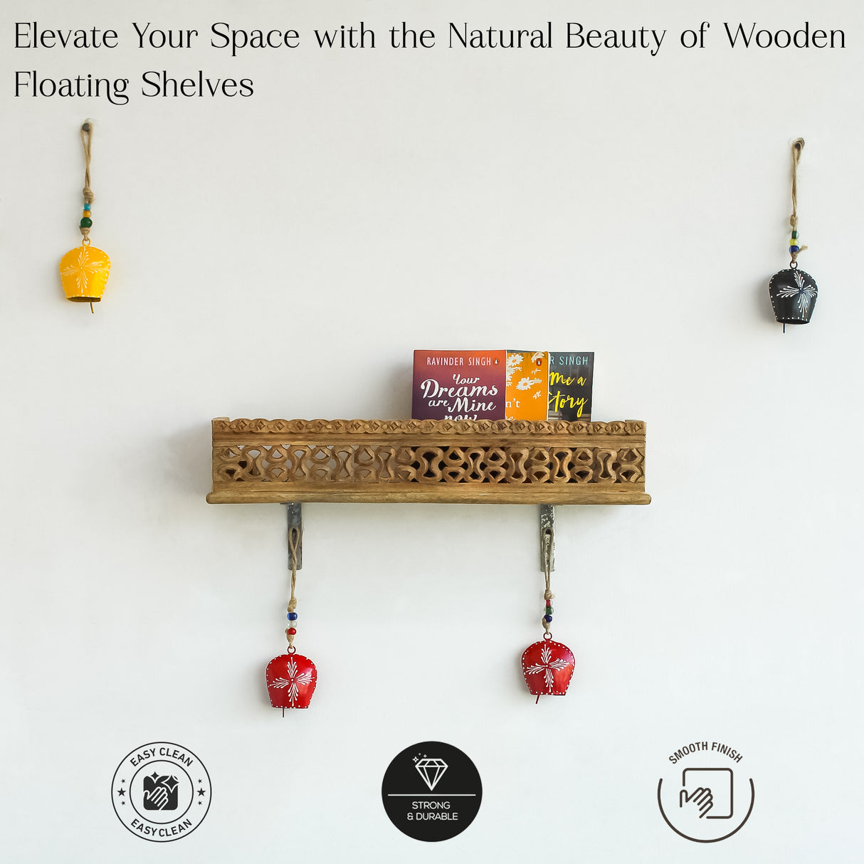 Handcrafted Wooden Wall Shelf for Home Decor with Intricate Brown Carvings